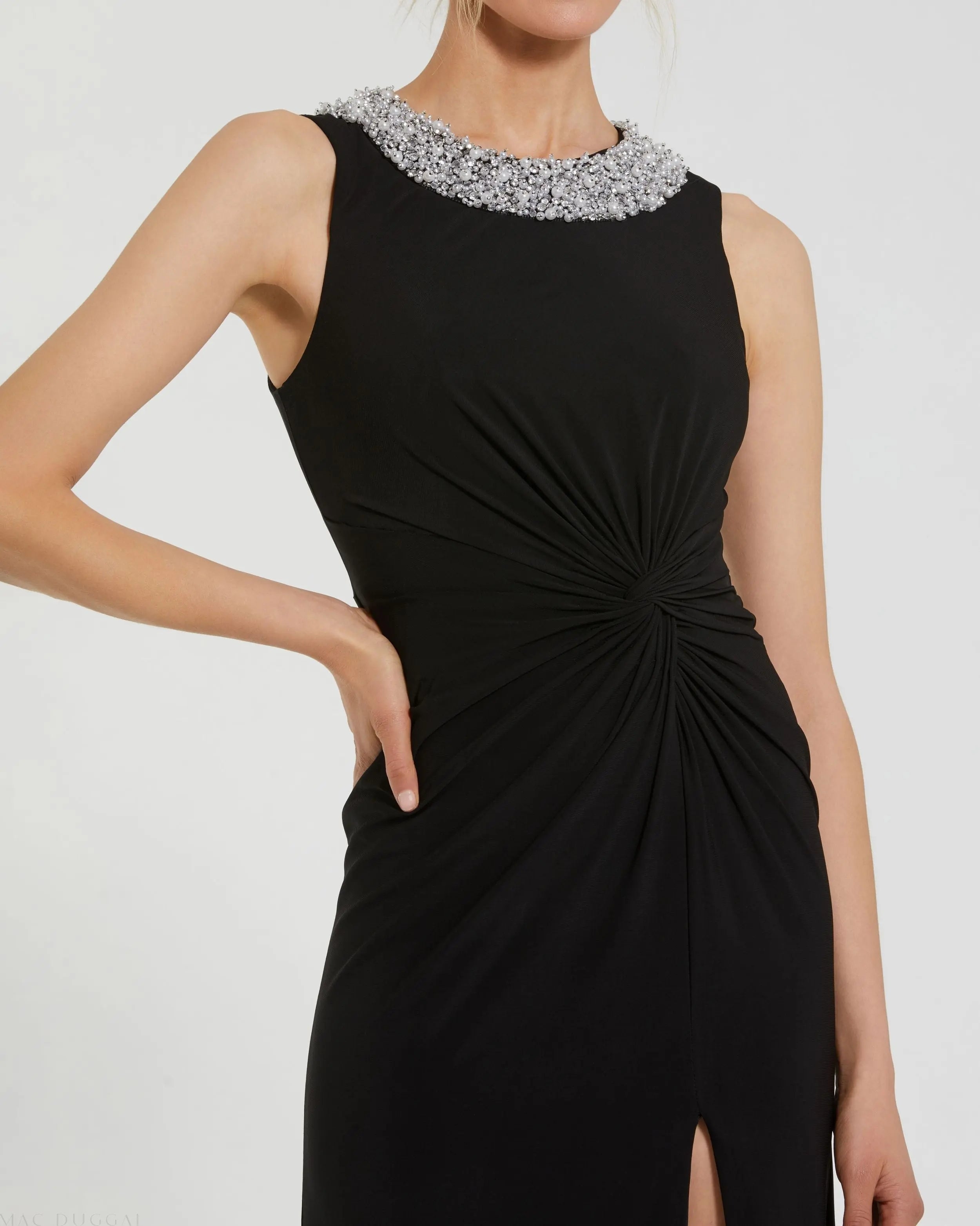 Black Jersey Sleeveless Beaded Neck Gown With Twist Ieena for Mac Duggal