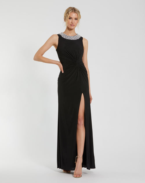 Jersey Sleeveless Beaded Neck Gown With Twist