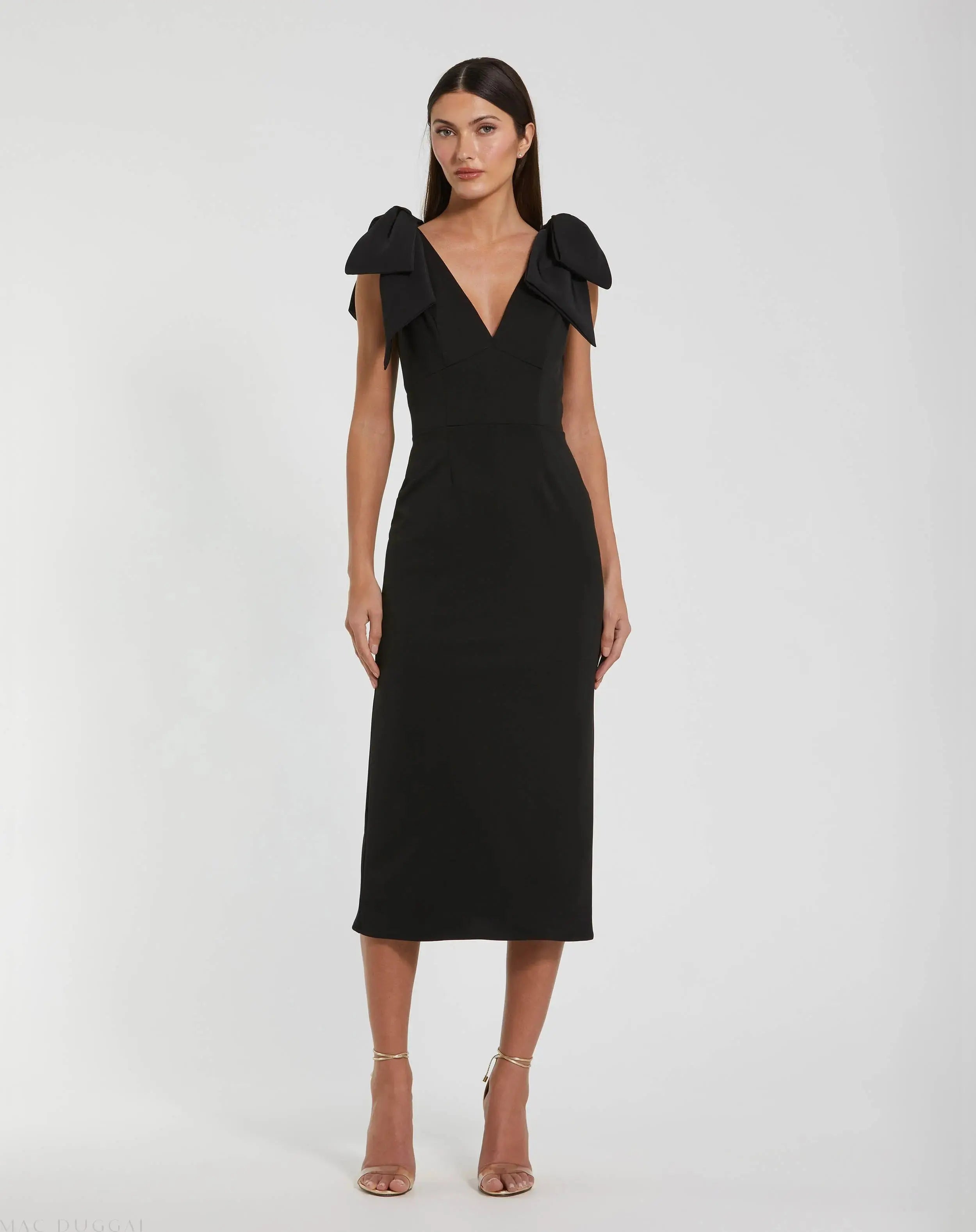 Black Bow Strap Crepe Fitted Midi Dress - Ieena for Mac Duggal