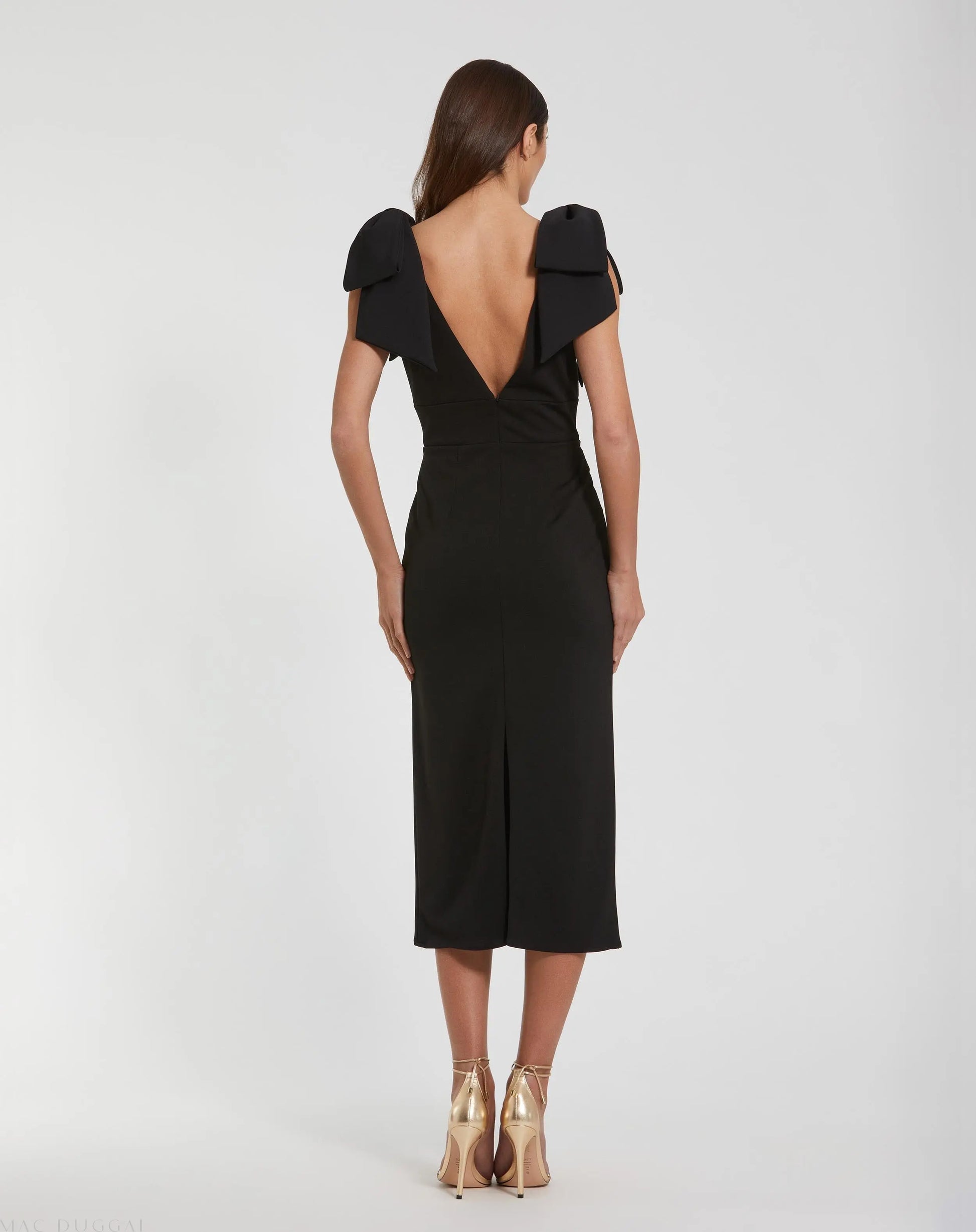 Black Bow Strap Crepe Fitted Midi Dress | Mac Duggal Black Bow Strap Crepe Fitted Midi Dress | Mac Duggal