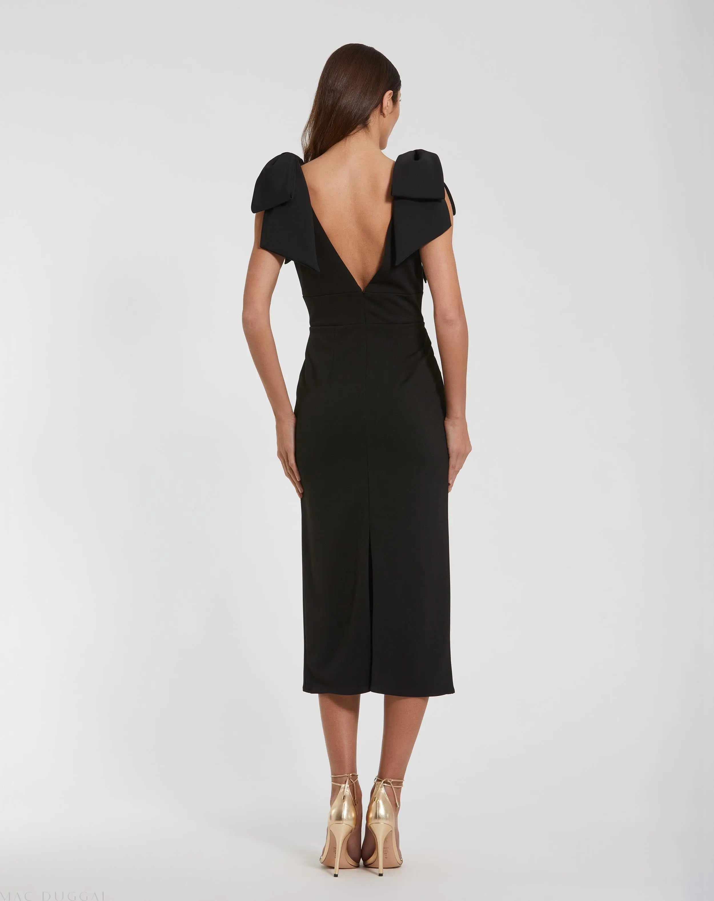 Black Bow Strap Crepe Fitted Midi Dress - Ieena for Mac Duggal