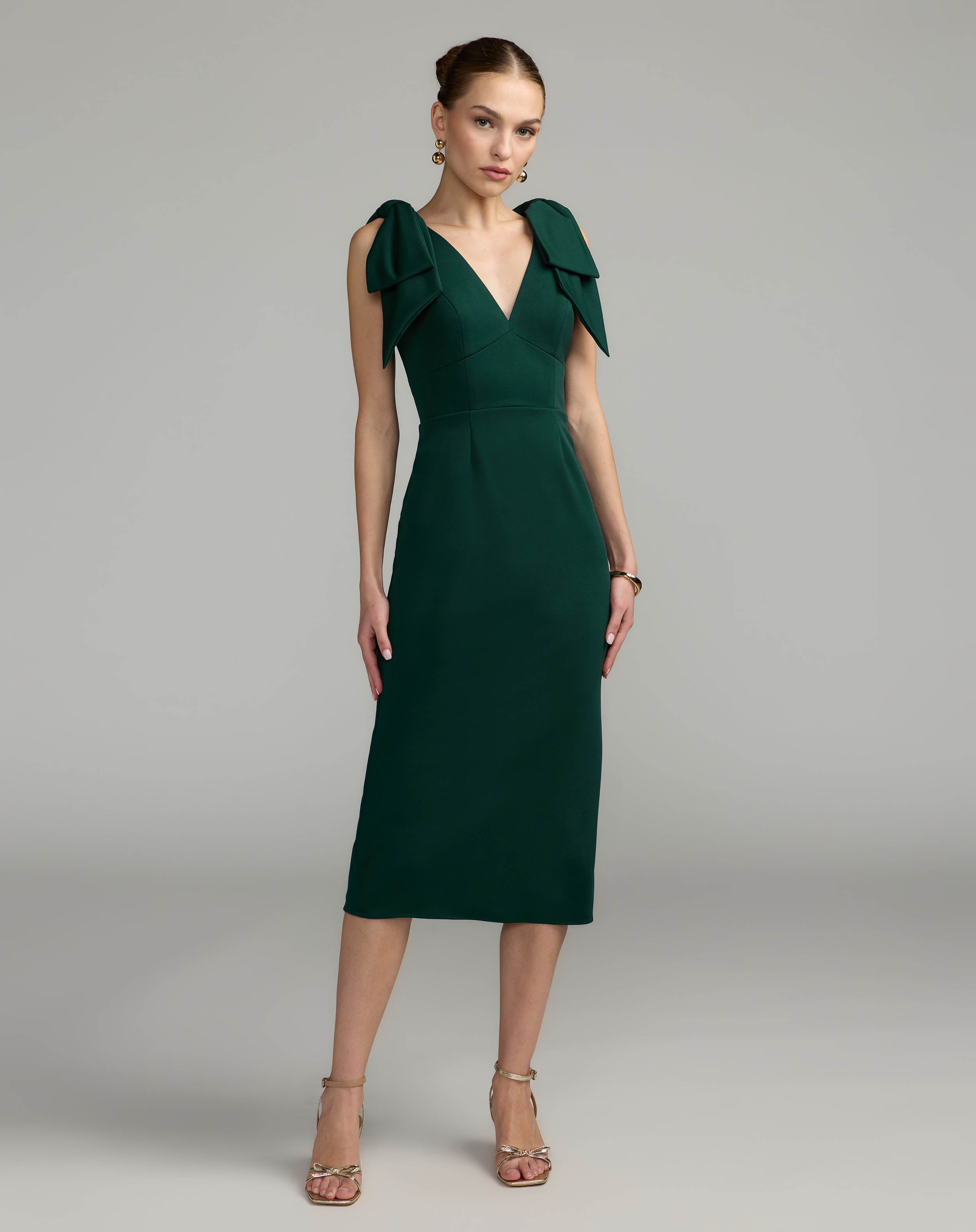Green Sleeveless Crepe Midi Dress with Bow Straps - Ieena for Mac Duggal