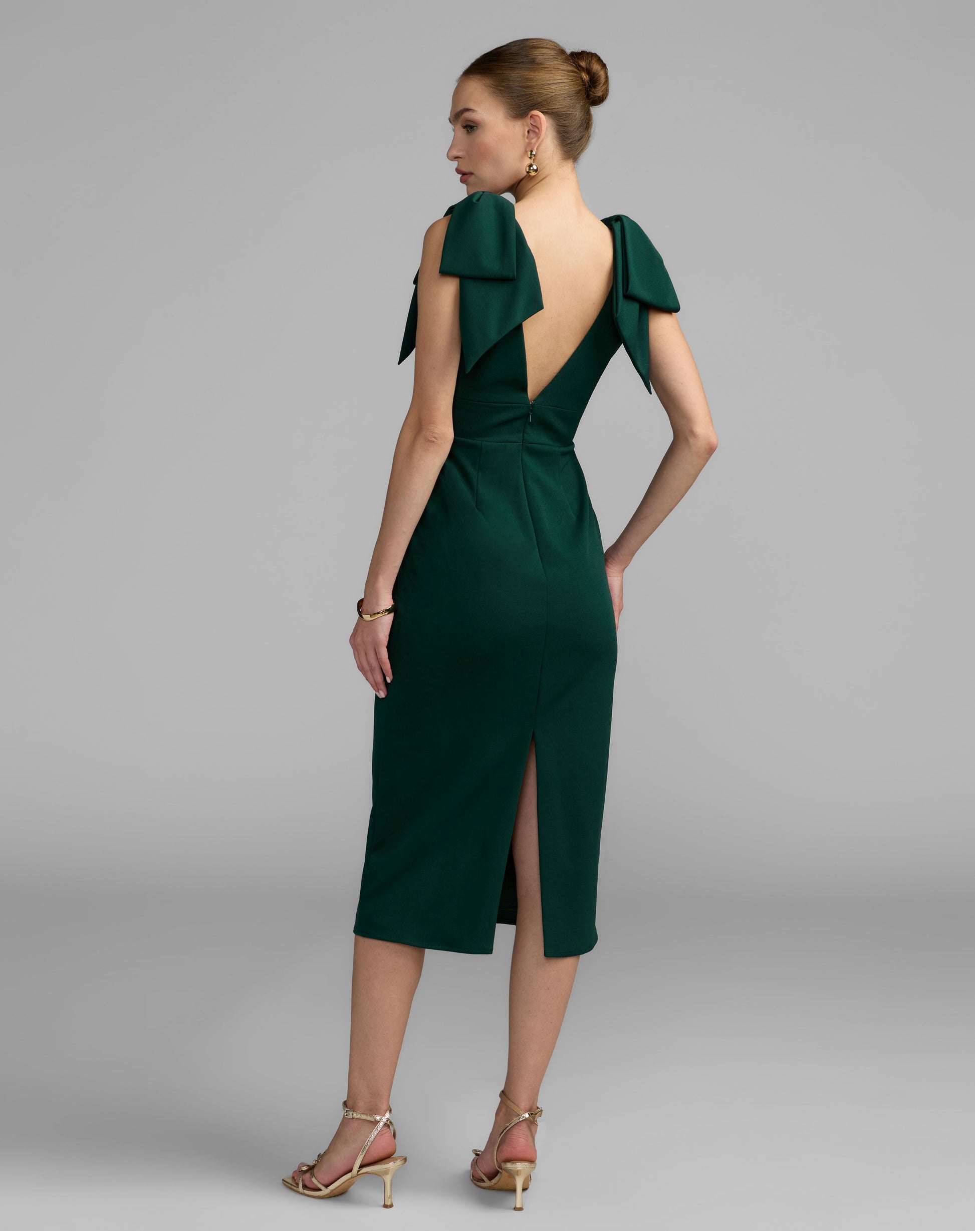 Green Sleeveless Crepe Midi Dress with Bow Straps - Ieena for Mac Duggal