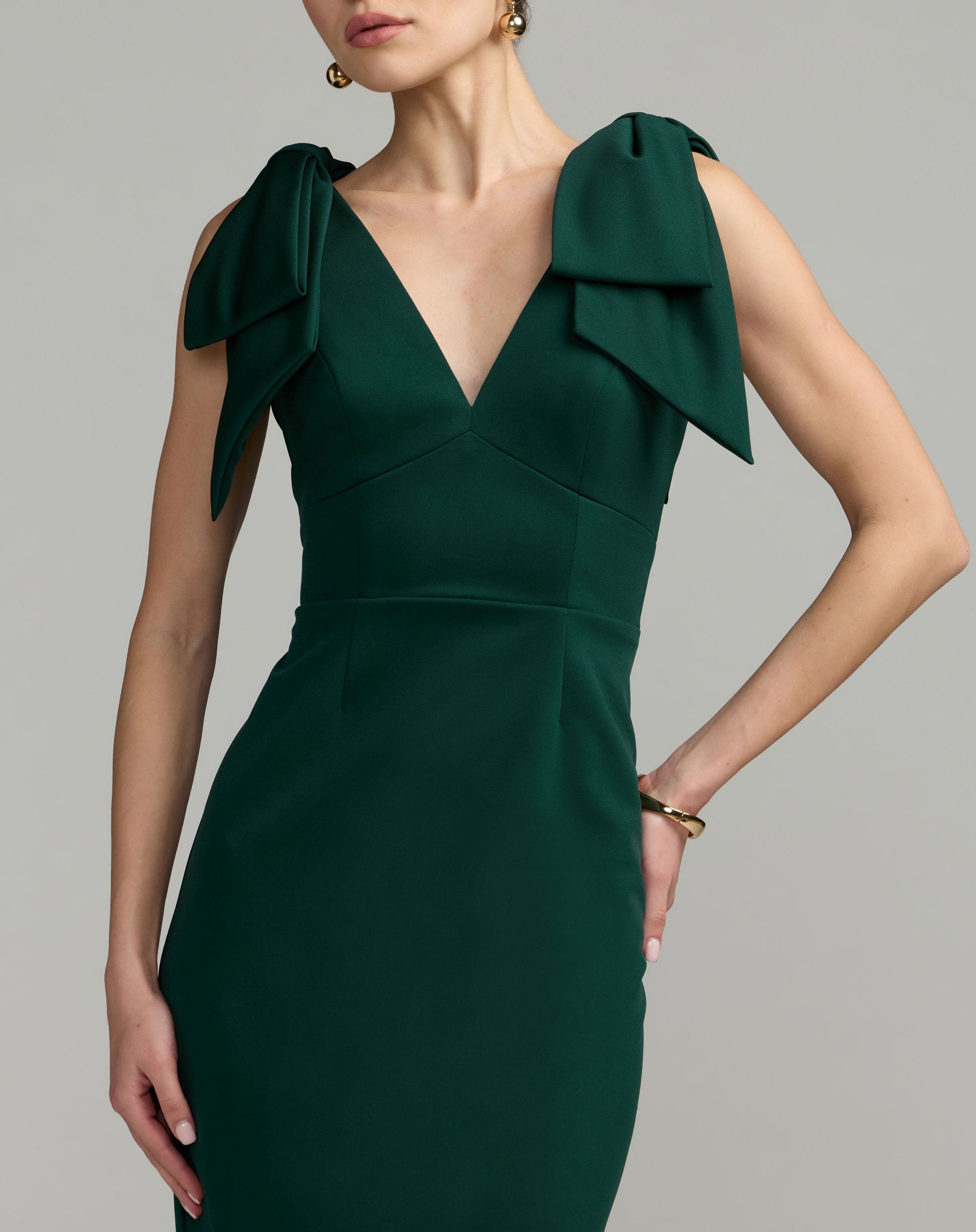 Green Sleeveless Crepe Midi Dress with Bow Straps - Ieena for Mac Duggal