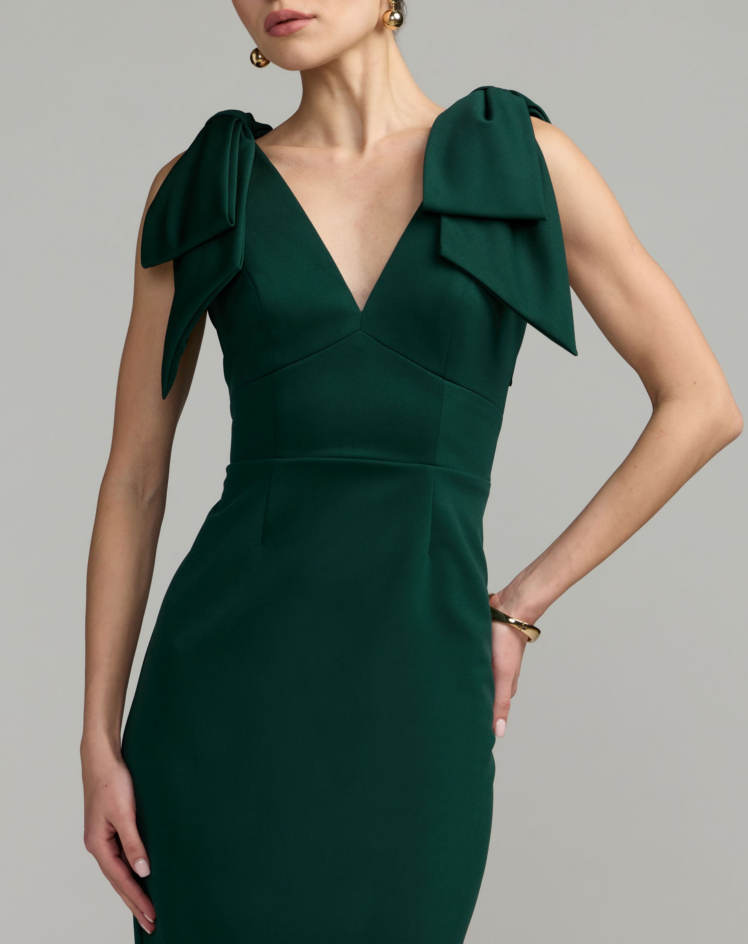 Green Sleeveless Crepe Midi Dress with Bow Straps - Ieena for Mac Duggal