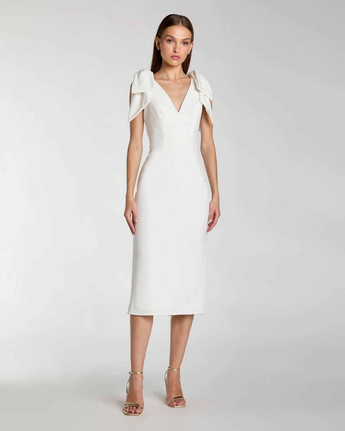 White Sleeveless Crepe Midi Dress with Bow Straps