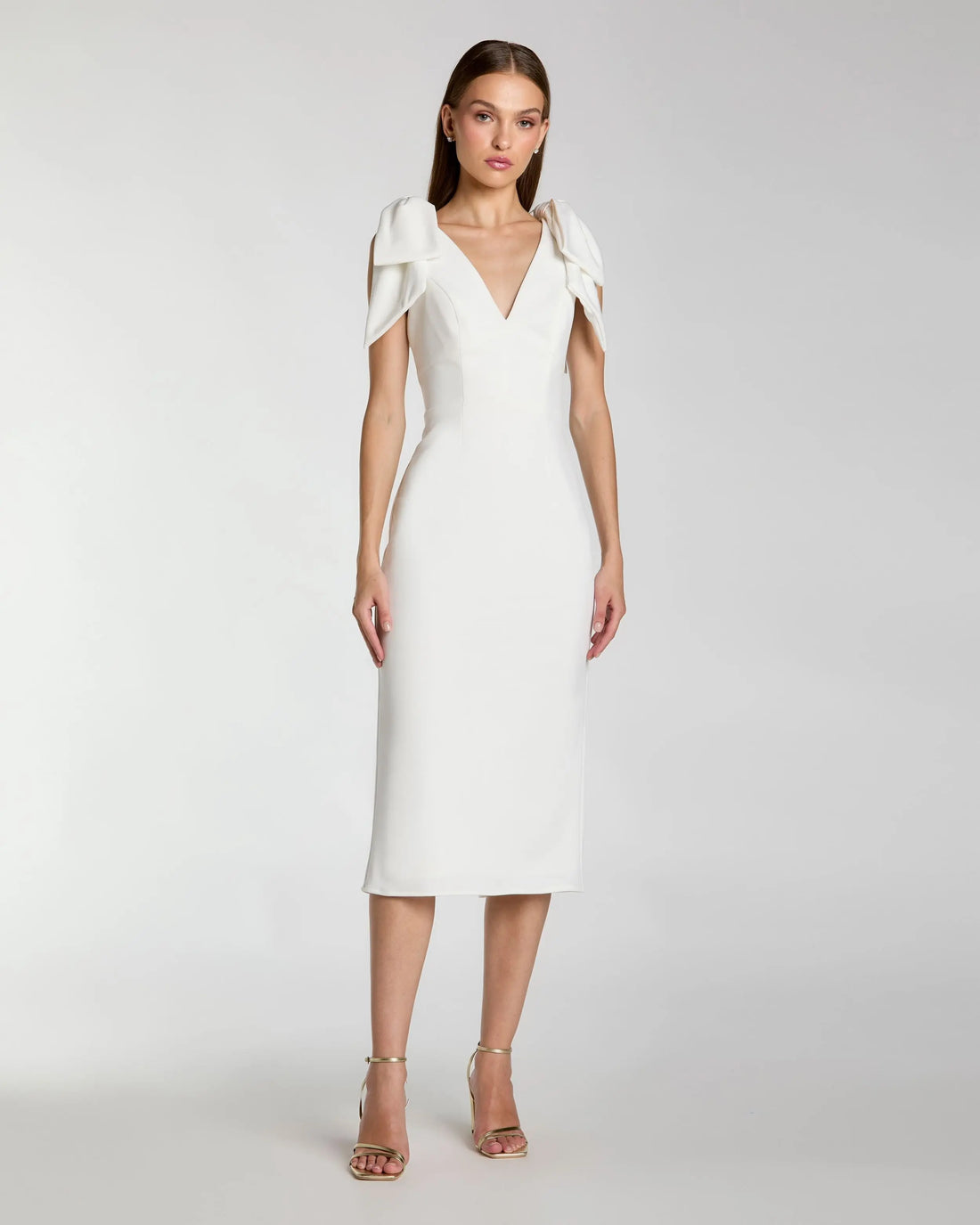 White Sleeveless Crepe Midi Dress with Bow Straps Ieena for Mac Duggal