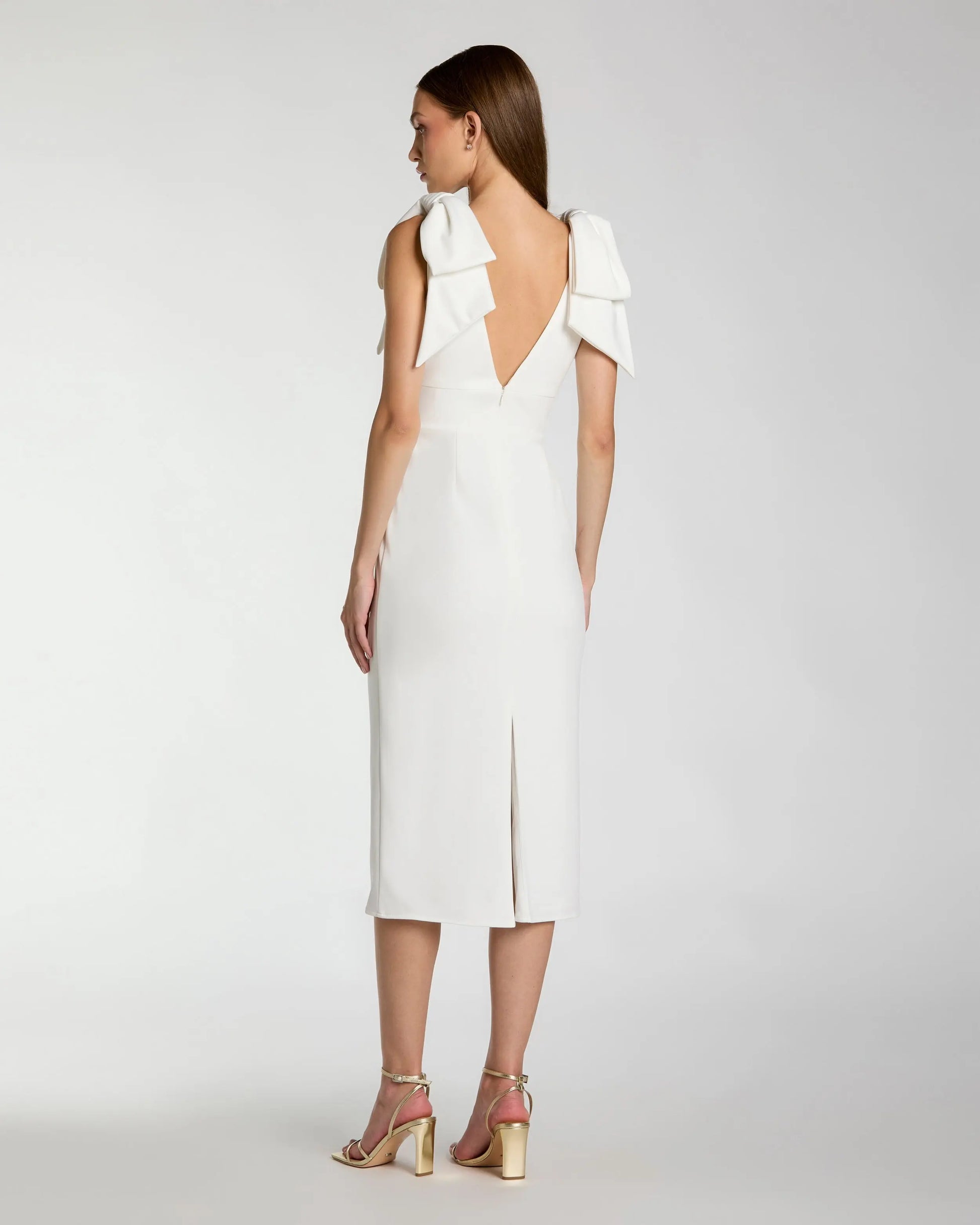 White Sleeveless Crepe Midi Dress with Bow Straps Ieena for Mac Duggal