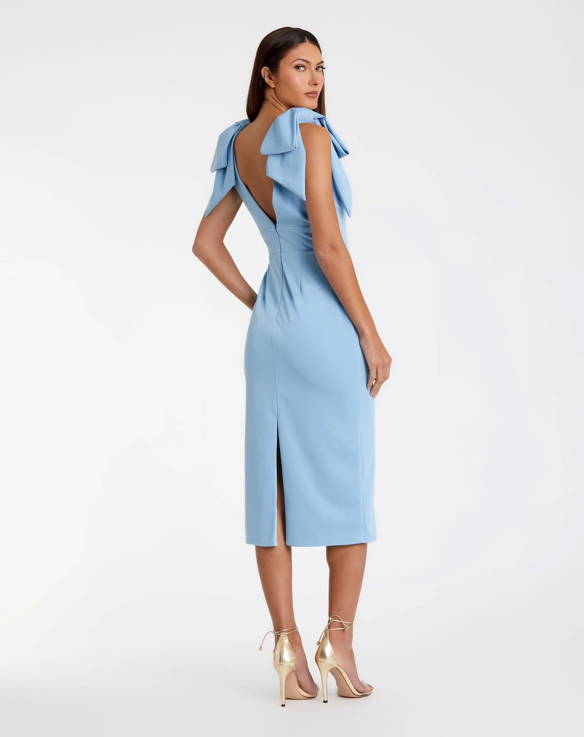 Blue Bow Strap Crepe Fitted Midi Dress | Mac Duggal Blue Bow Strap Crepe Fitted Midi Dress | Mac Duggal