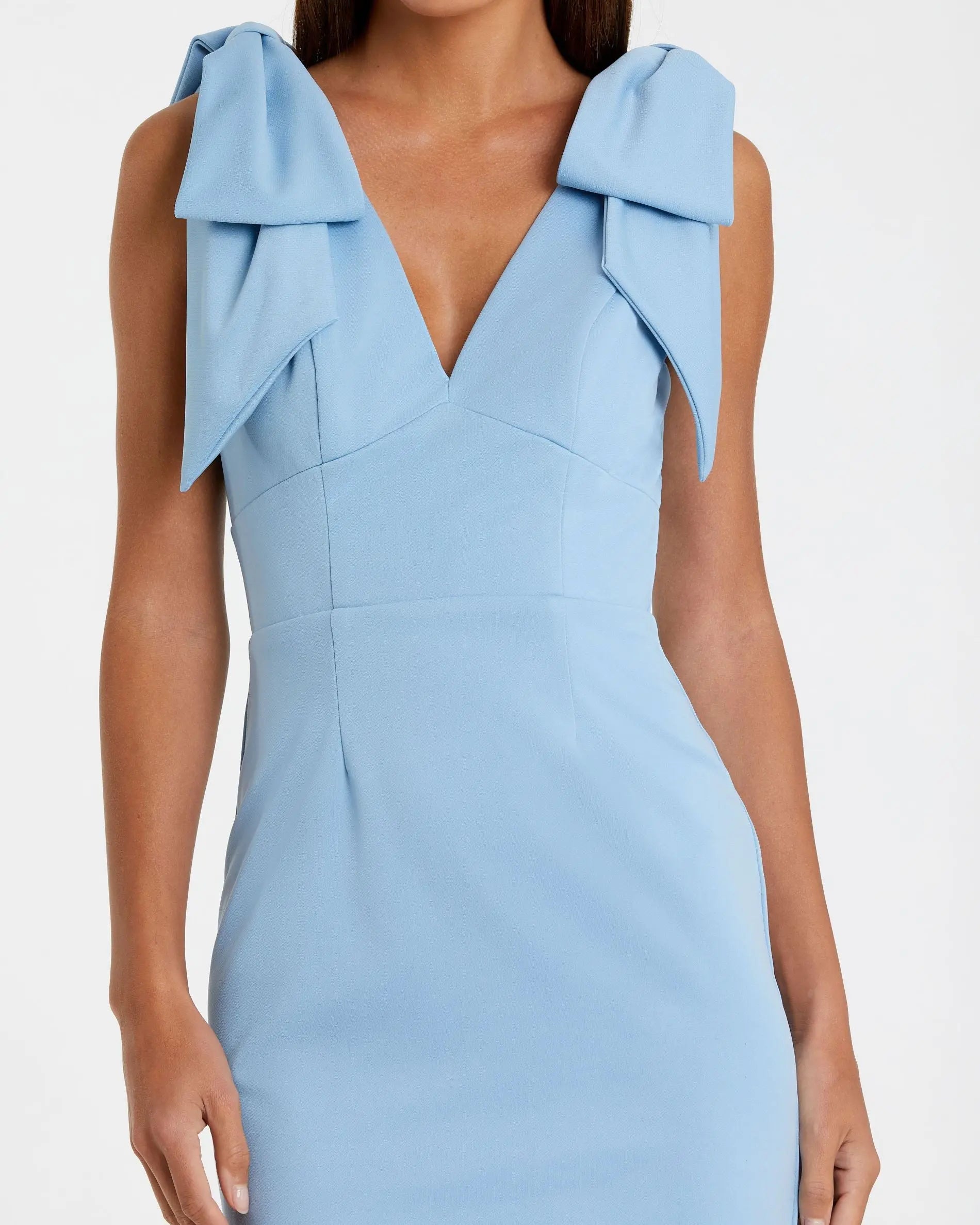 Ieena for Mac Duggal - Blue Bow Strap Crepe Fitted Midi Dress - US 14 Ieena for Mac Duggal - Blue Bow Strap Crepe Fitted Midi Dress - US 14