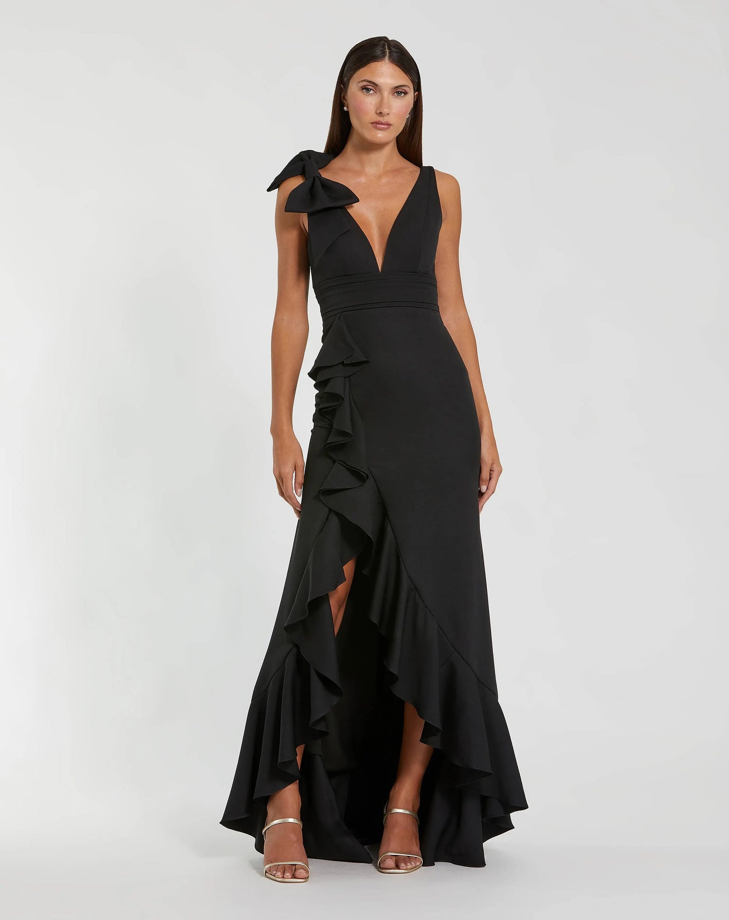 Black Sleeveless Ruffled V-Neck Gown With Bow - Ieena for Mac Duggal