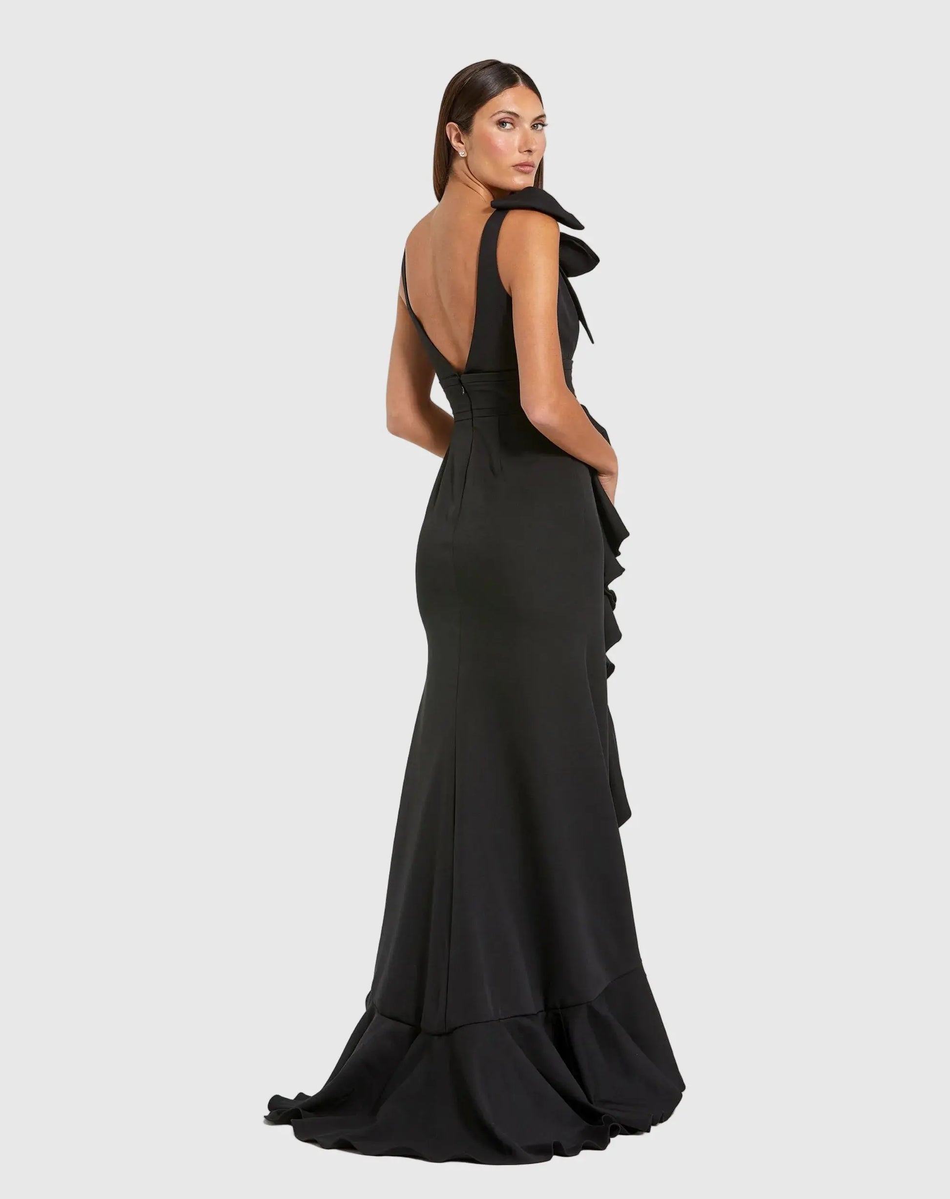 Black Sleeveless Ruffled V-Neck Gown With Bow - Ieena for Mac Duggal