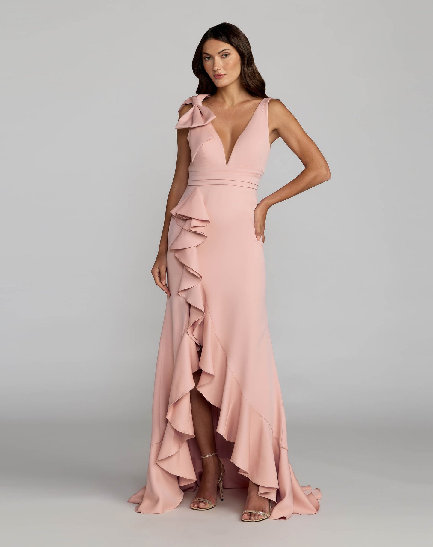 Pink Sleeveless Ruffled V-Neck Gown With Bow - Ieena for Mac Duggal