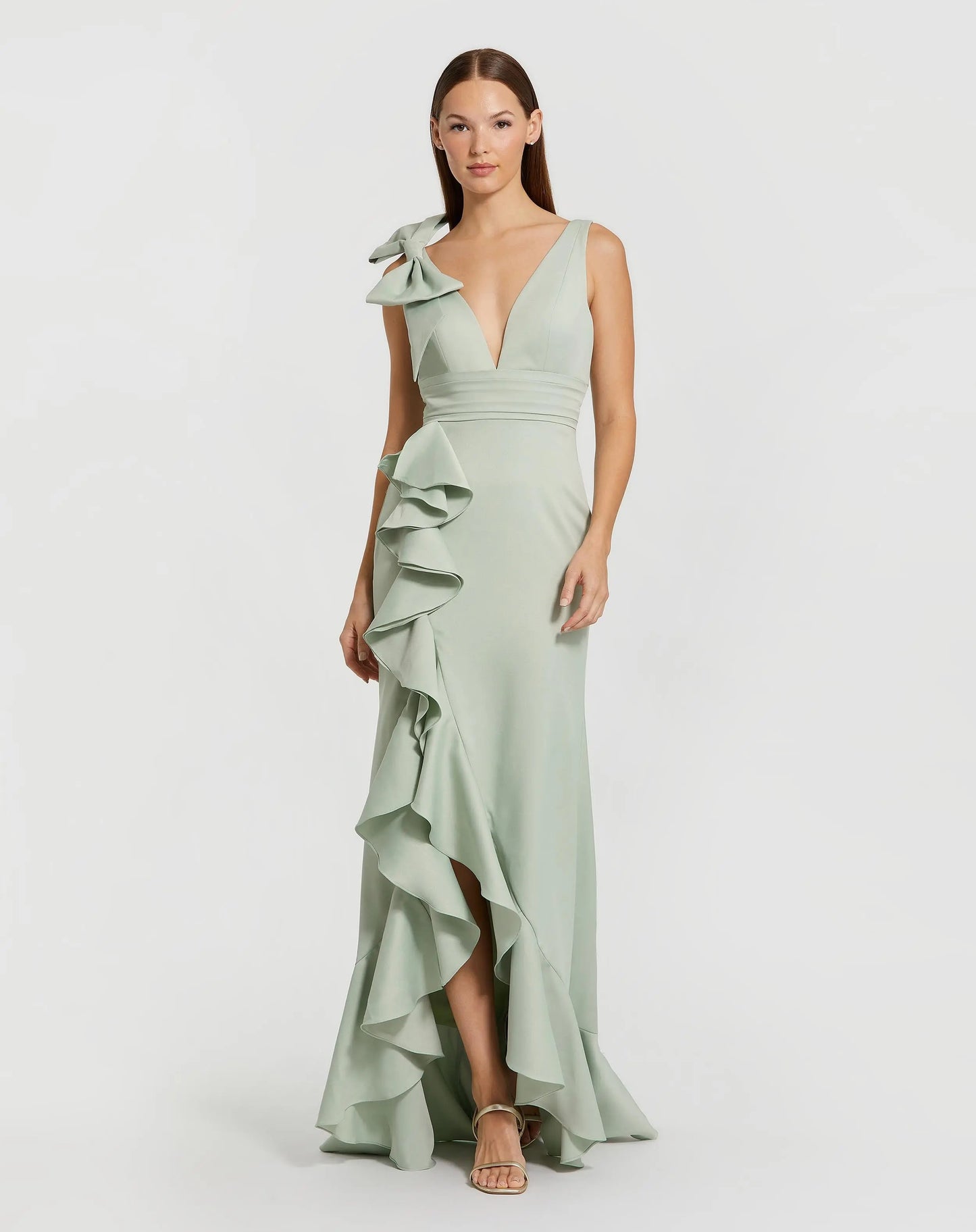 Green V-Neck Ruffled Gown With Bow ieena for Mac Duggal