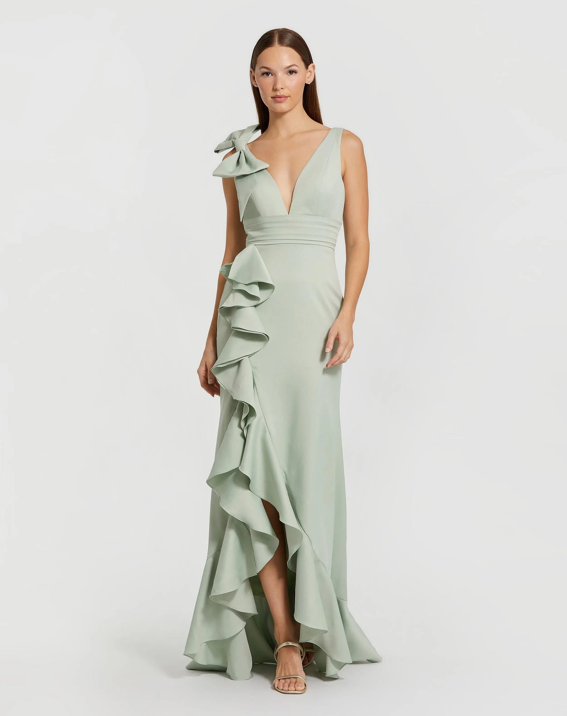 Green V-Neck Ruffled Gown With Bow ieena for Mac Duggal