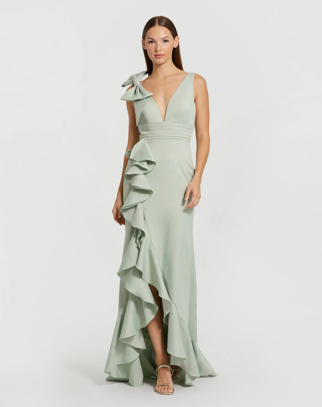 Green V-Neck Ruffled Gown With Bow ieena for Mac Duggal