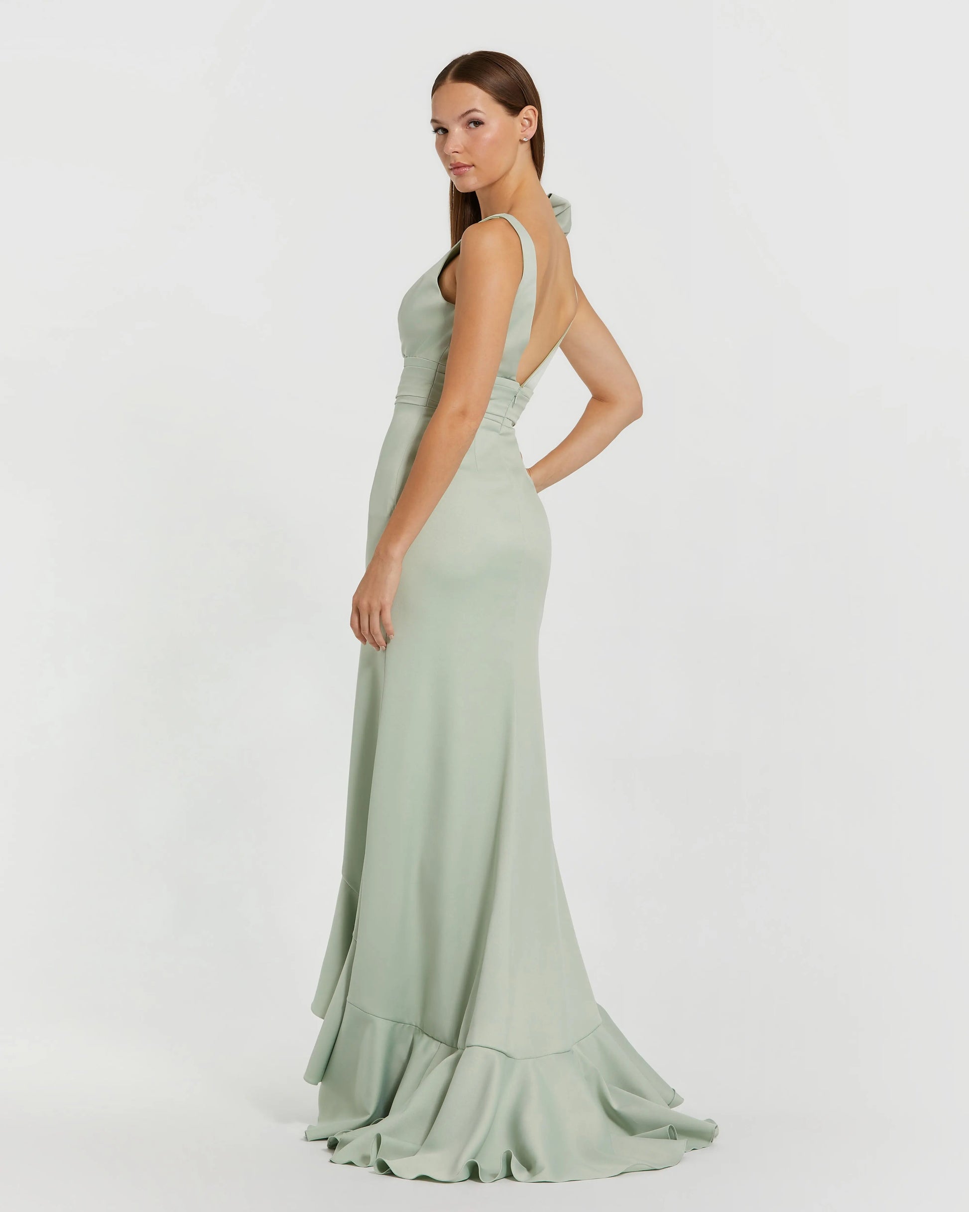 Green V-Neck Ruffled Gown With Bow Ieena for Mac Duggal