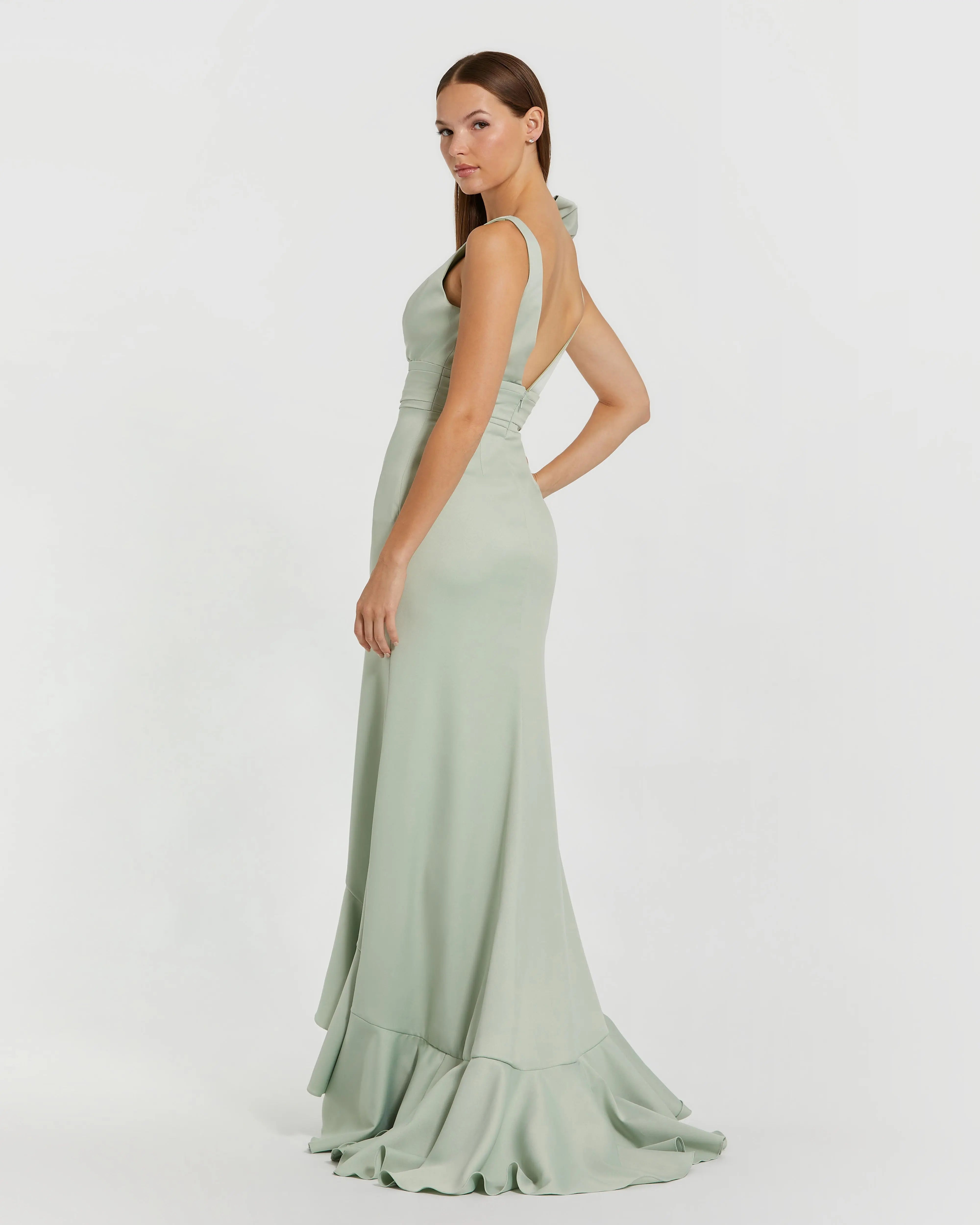 Green V-Neck Ruffled Gown With Bow Ieena for Mac Duggal