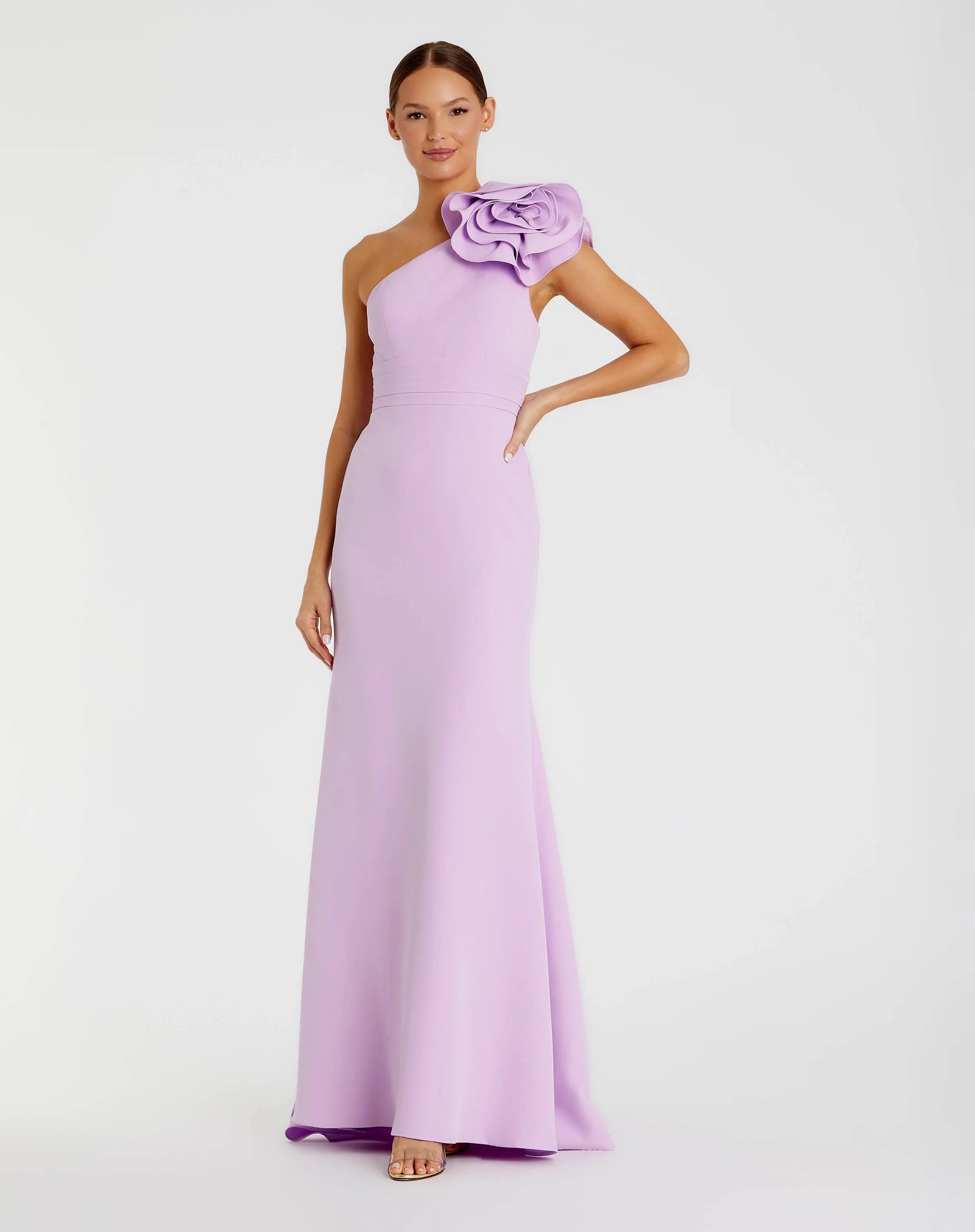 Mac Duggal Crepe One Shoulder Gown With 3D Flower, Womens, 6, Lilac Mac Duggal Crepe One Shoulder Gown With 3D Flower, Womens, 6, Lilac
