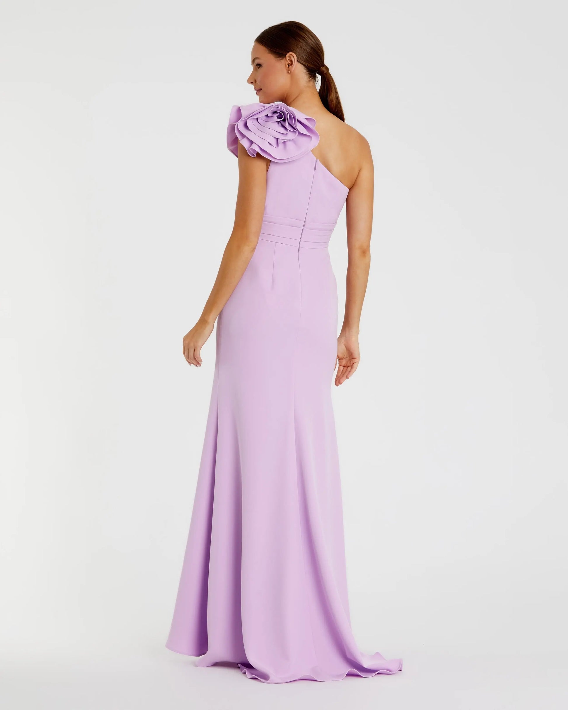 Mac Duggal Crepe One Shoulder Gown With 3D Flower, Womens, 6, Lilac Mac Duggal Crepe One Shoulder Gown With 3D Flower, Womens, 6, Lilac