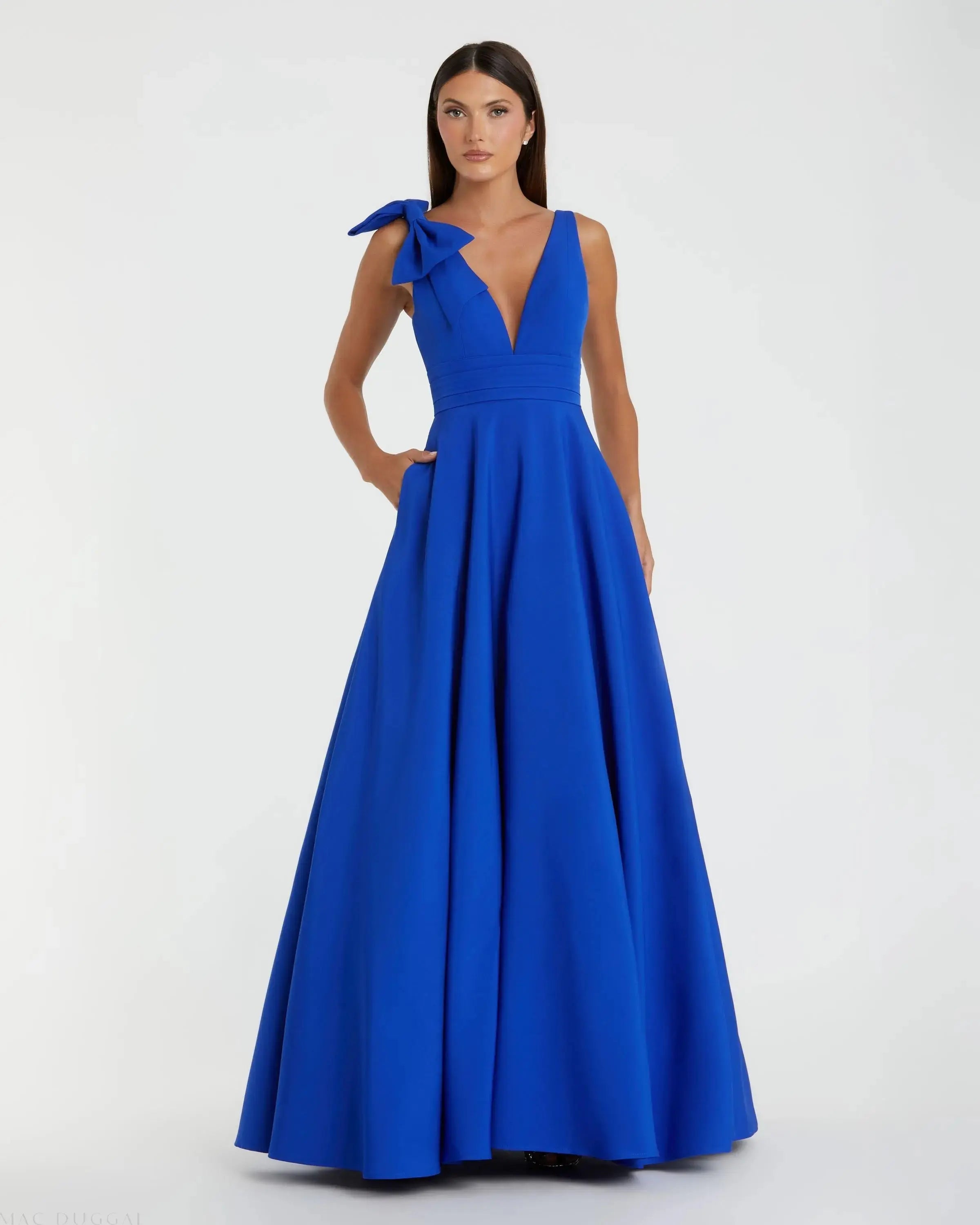 Blue Crepe Sleeveless Plunge Neck Ball Gown With Bow - Ieena for Mac Duggal