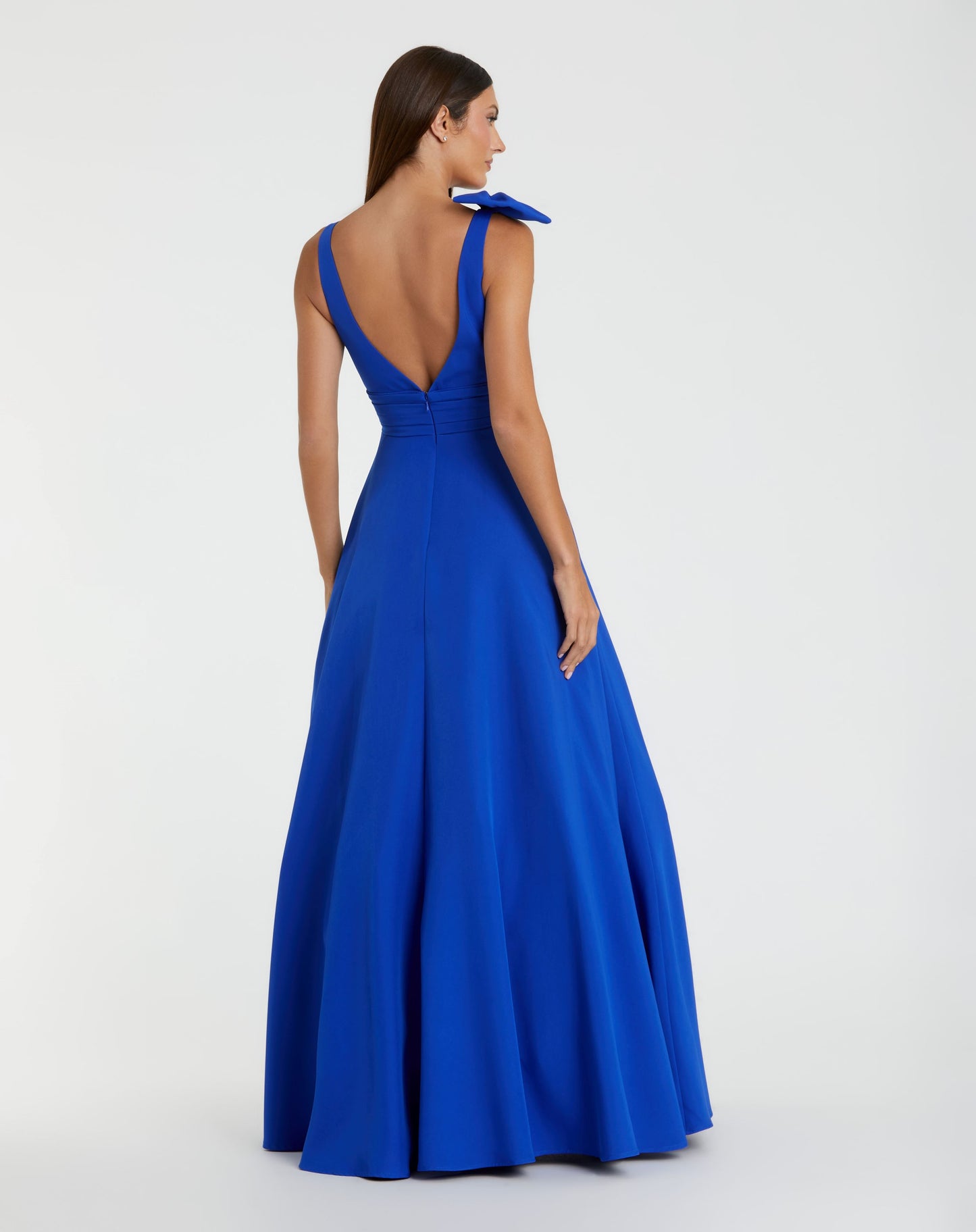 Blue Crepe Sleeveless V Neck Ballgown With Bow