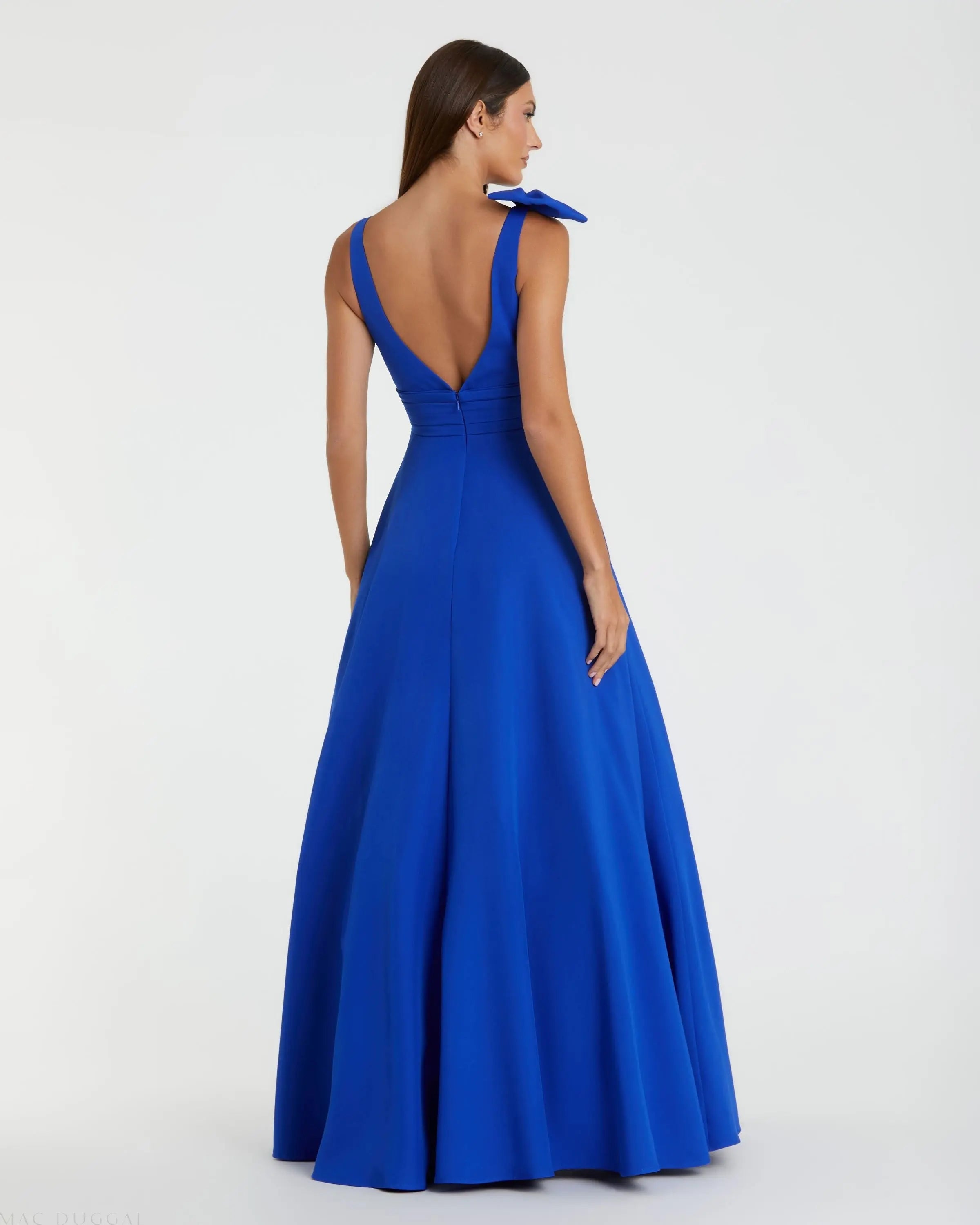 Blue Crepe Sleeveless Plunge Neck Ball Gown With Bow - Ieena for Mac Duggal