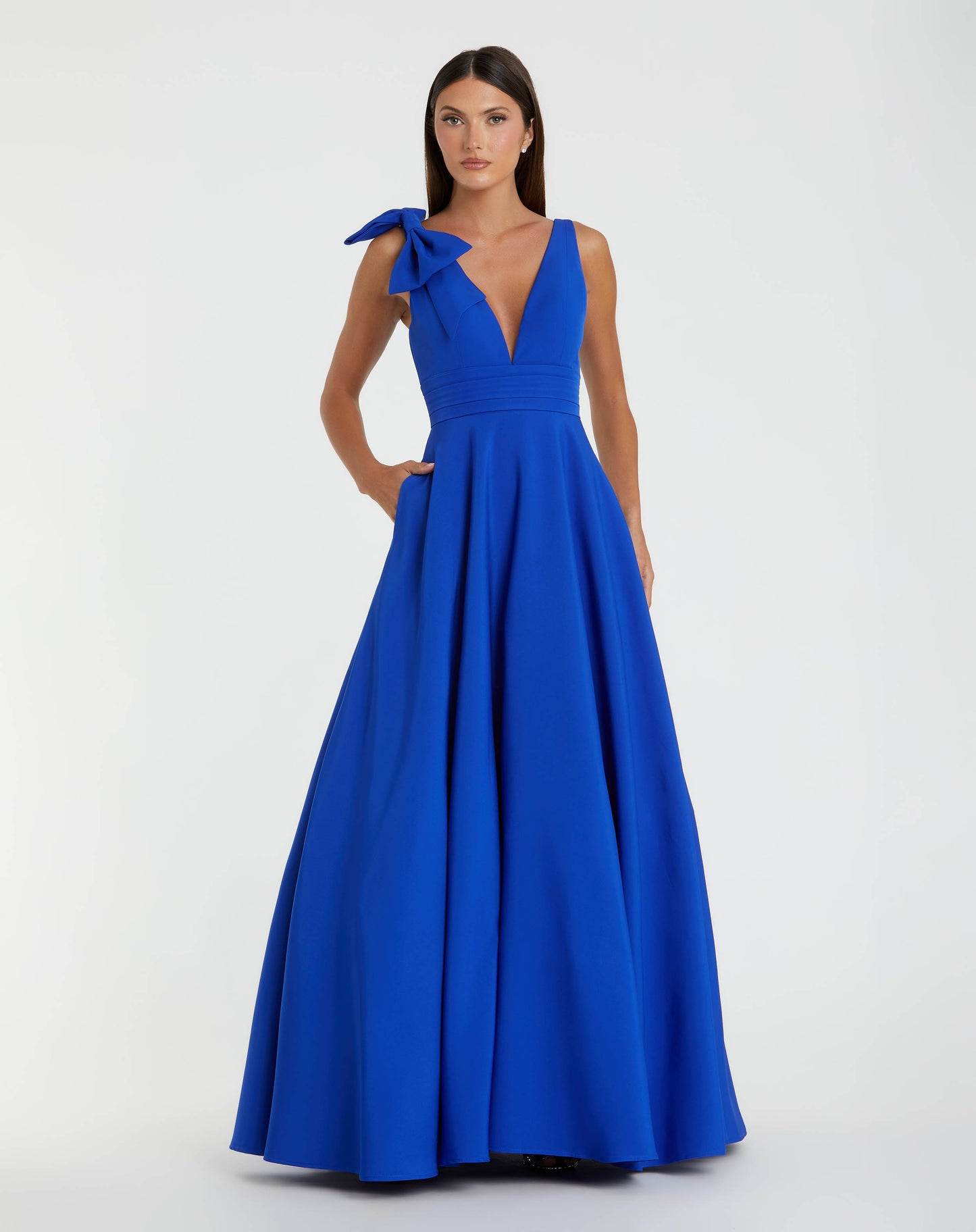 Blue Crepe Sleeveless V Neck Ballgown With Bow