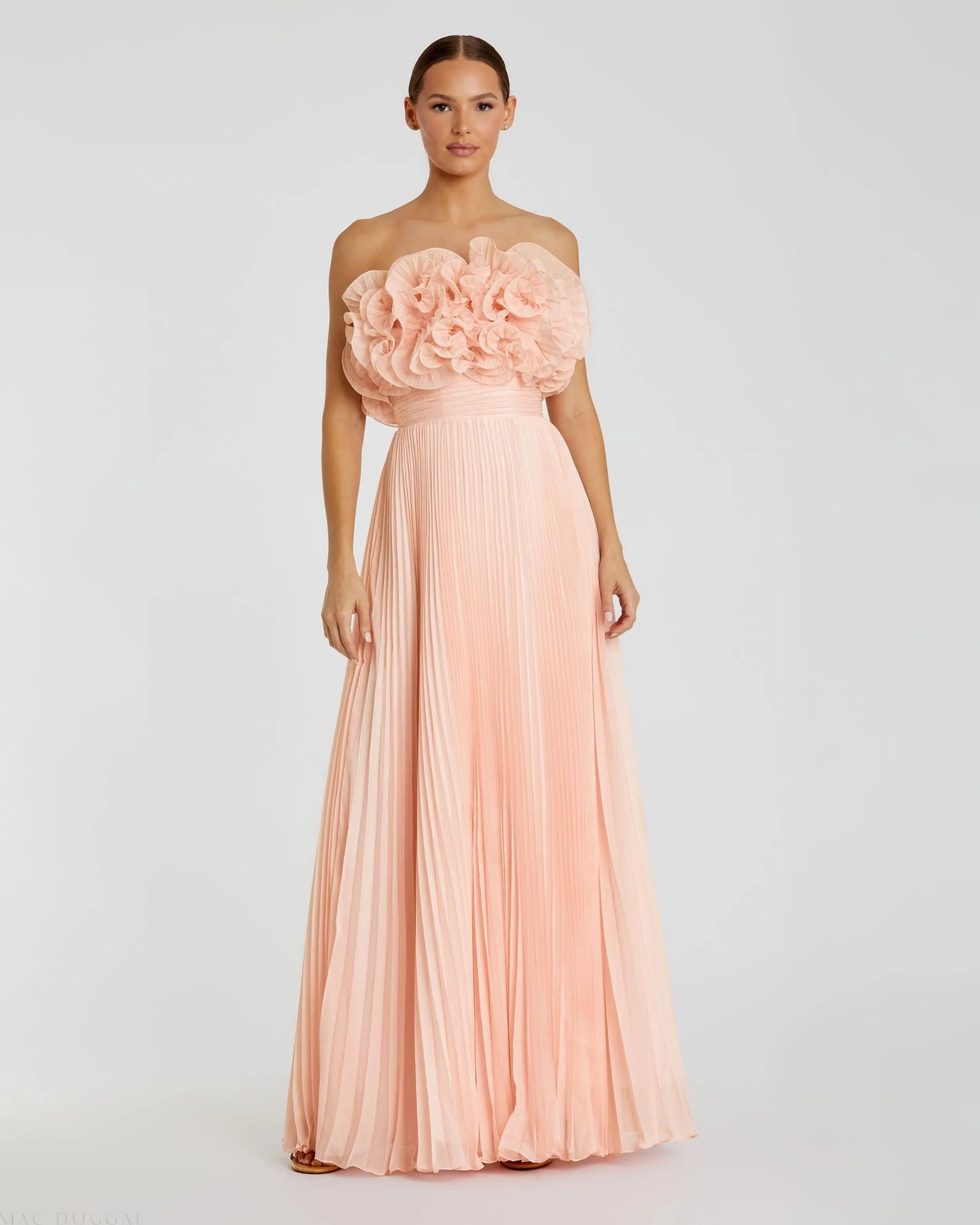 Pink Pleated Chiffon Strapless Gown With Ruffles - Mac Duggal