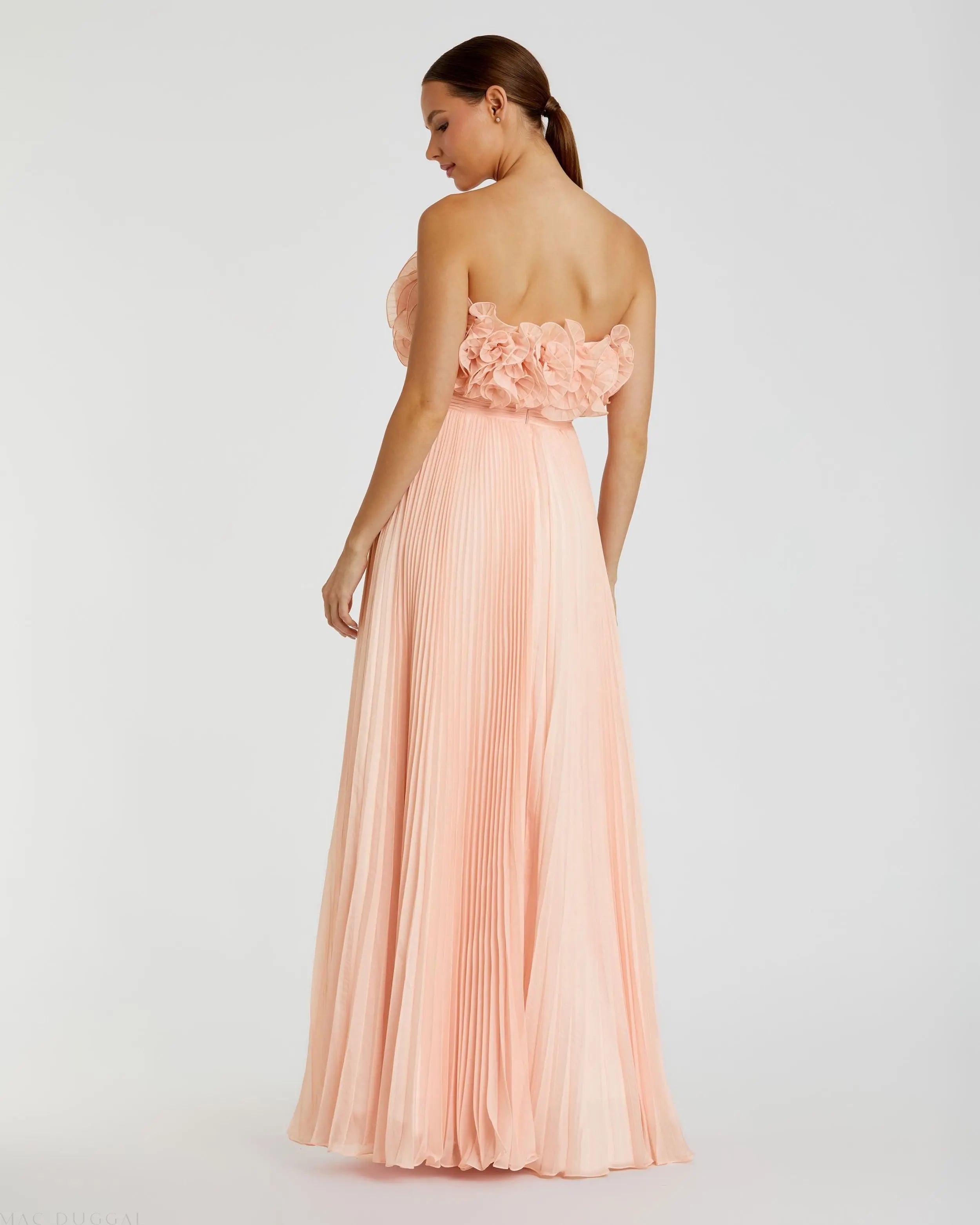 Pink Pleated Chiffon Strapless Gown With Ruffle Bodice