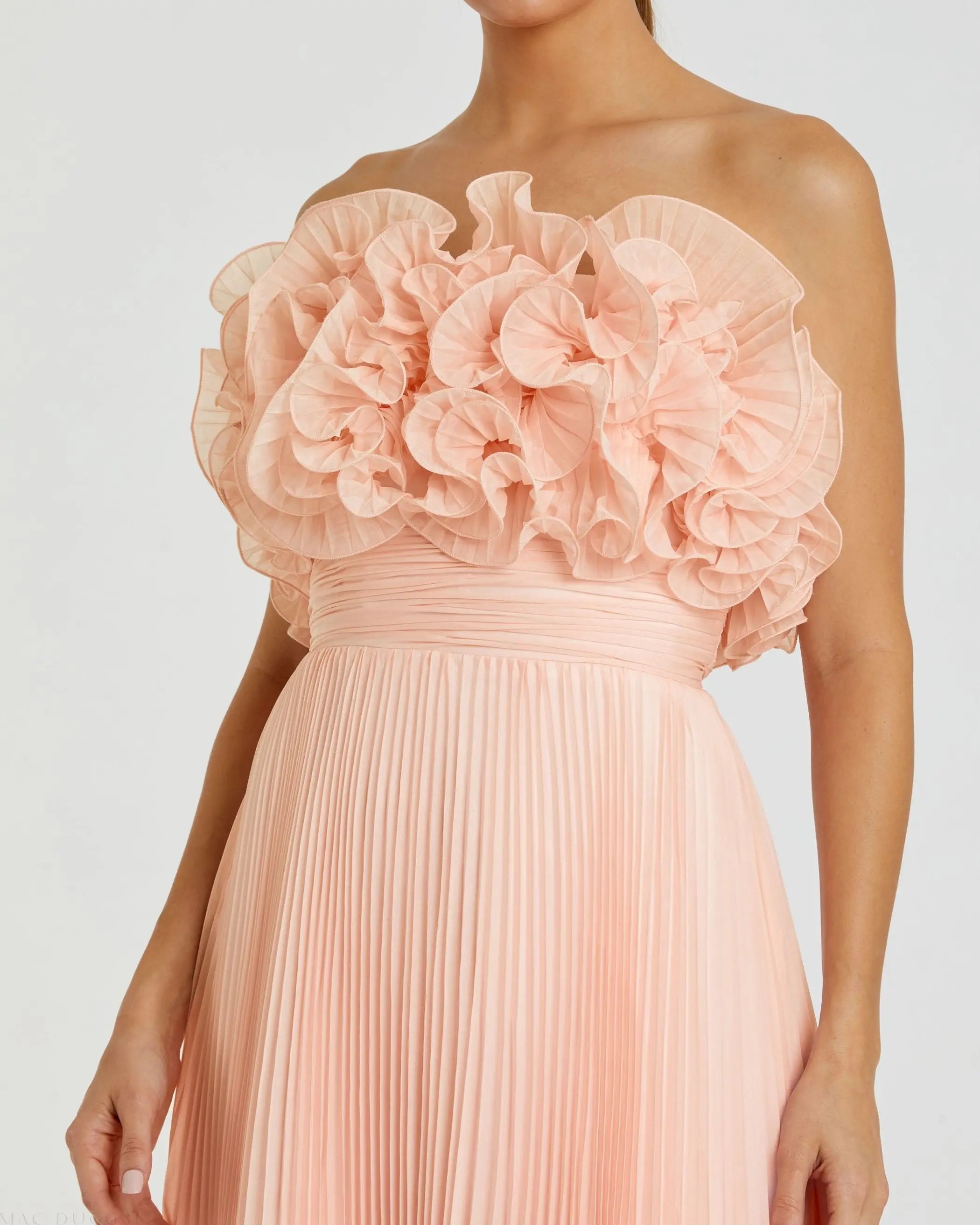 Pink Pleated Chiffon Strapless Gown With Ruffles Mac Duggal