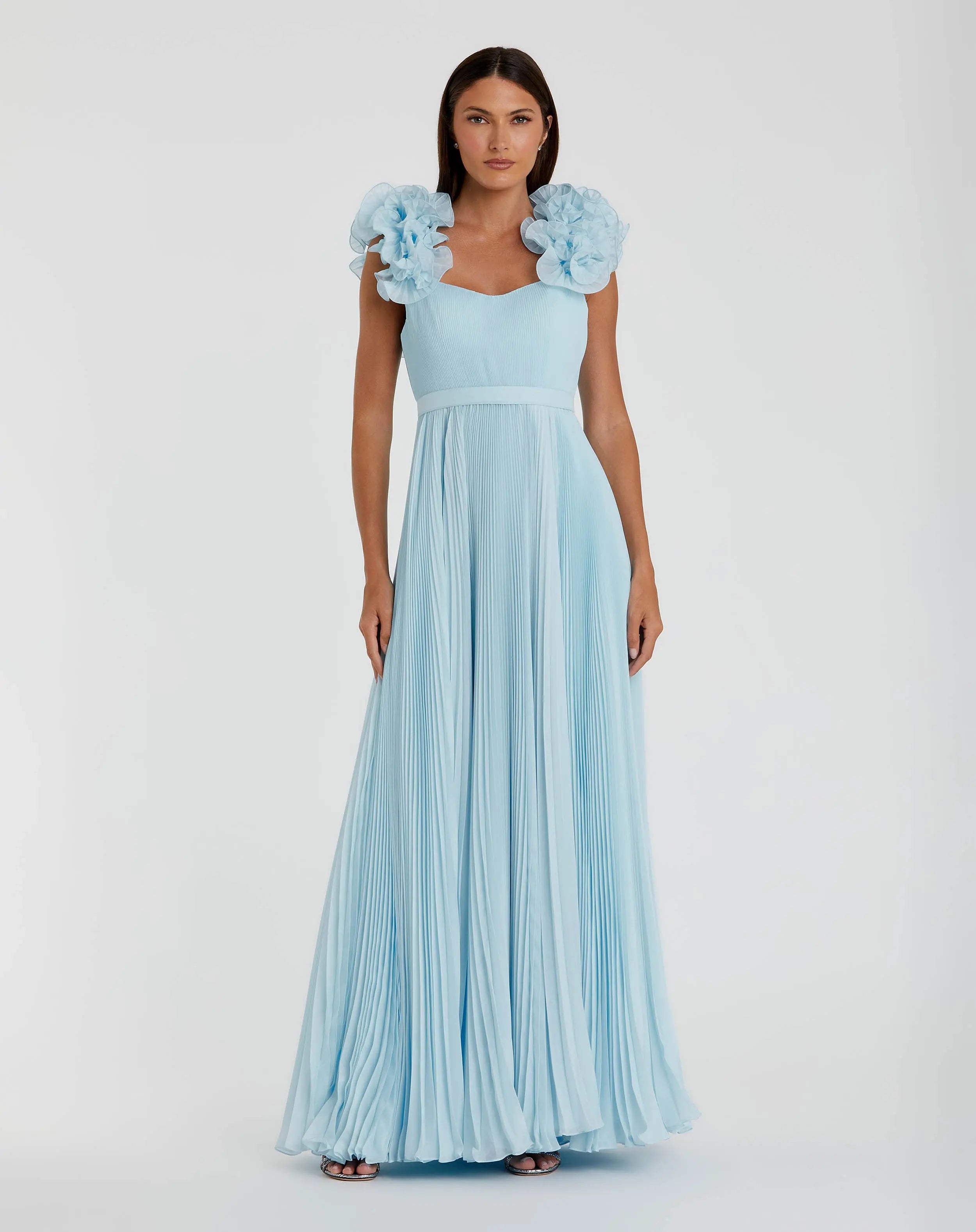Blue Pleated Organza Gown With Ruffle Straps - Mac Duggal