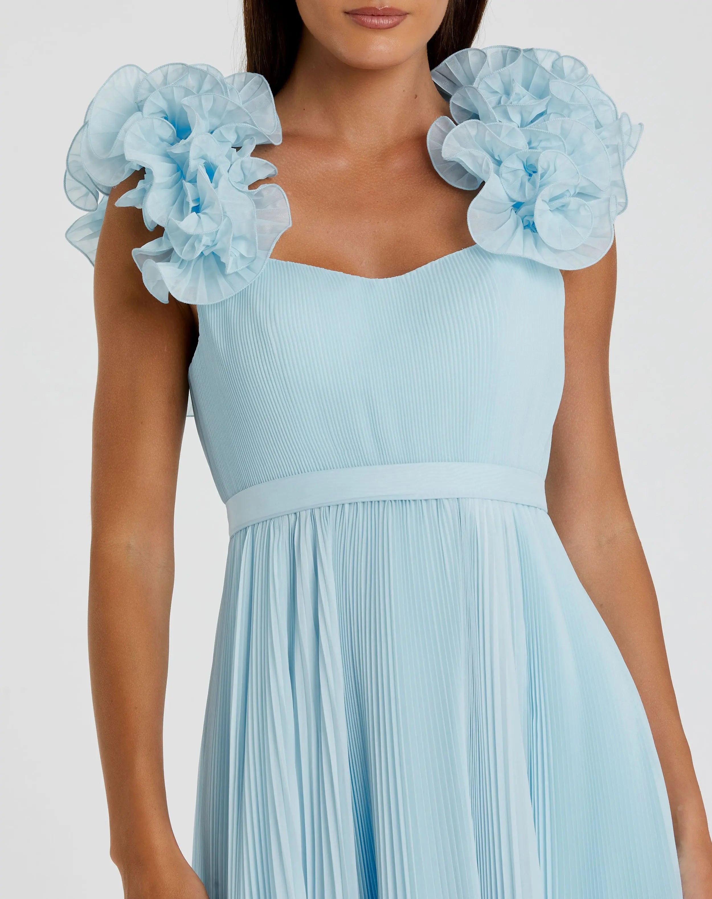 Blue Pleated Organza Gown With Ruffle Straps - Mac Duggal
