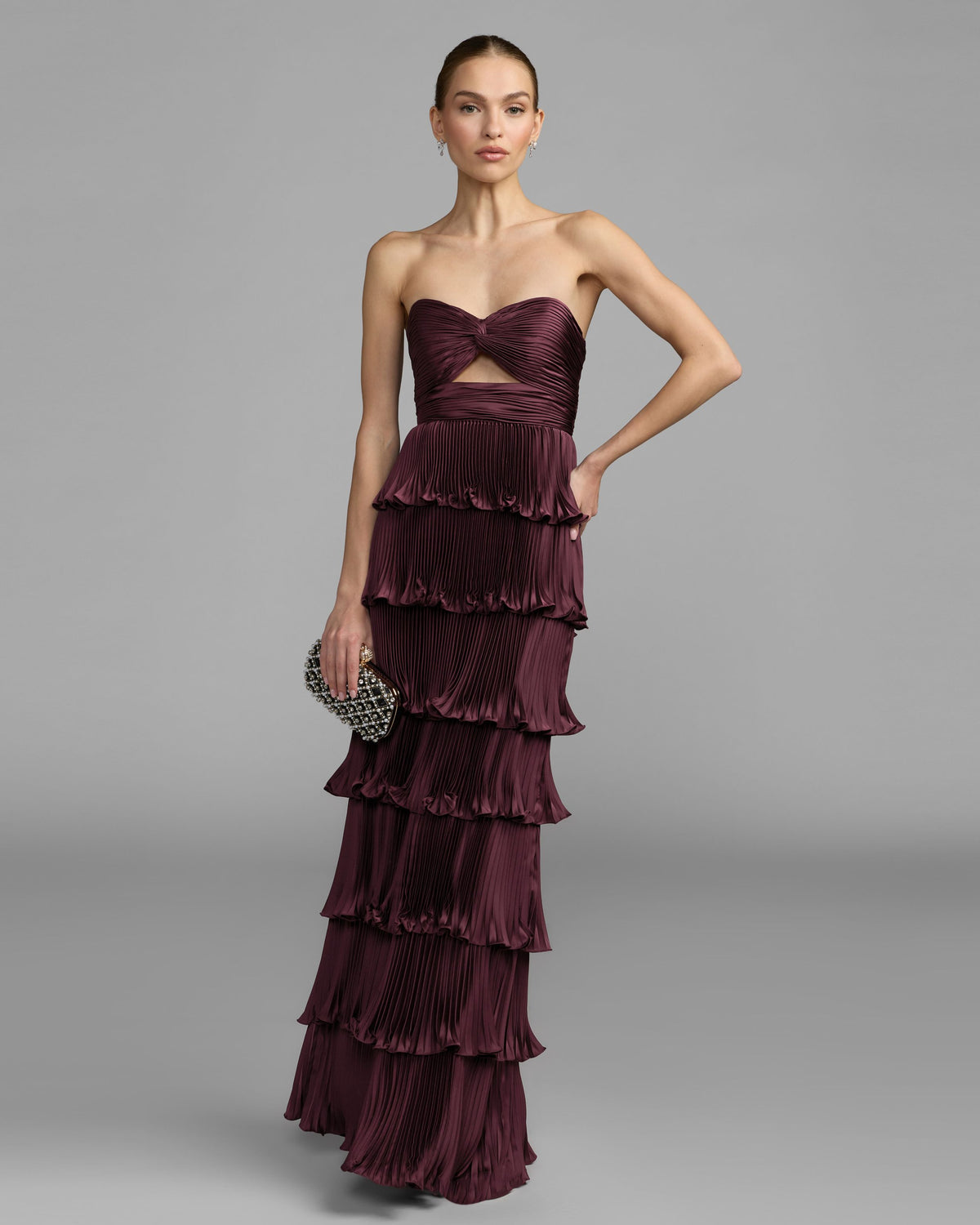 Aubergine Pleated Charmeuse Strapless Tiered Ruffle Gown Ieena for Mac Duggal
