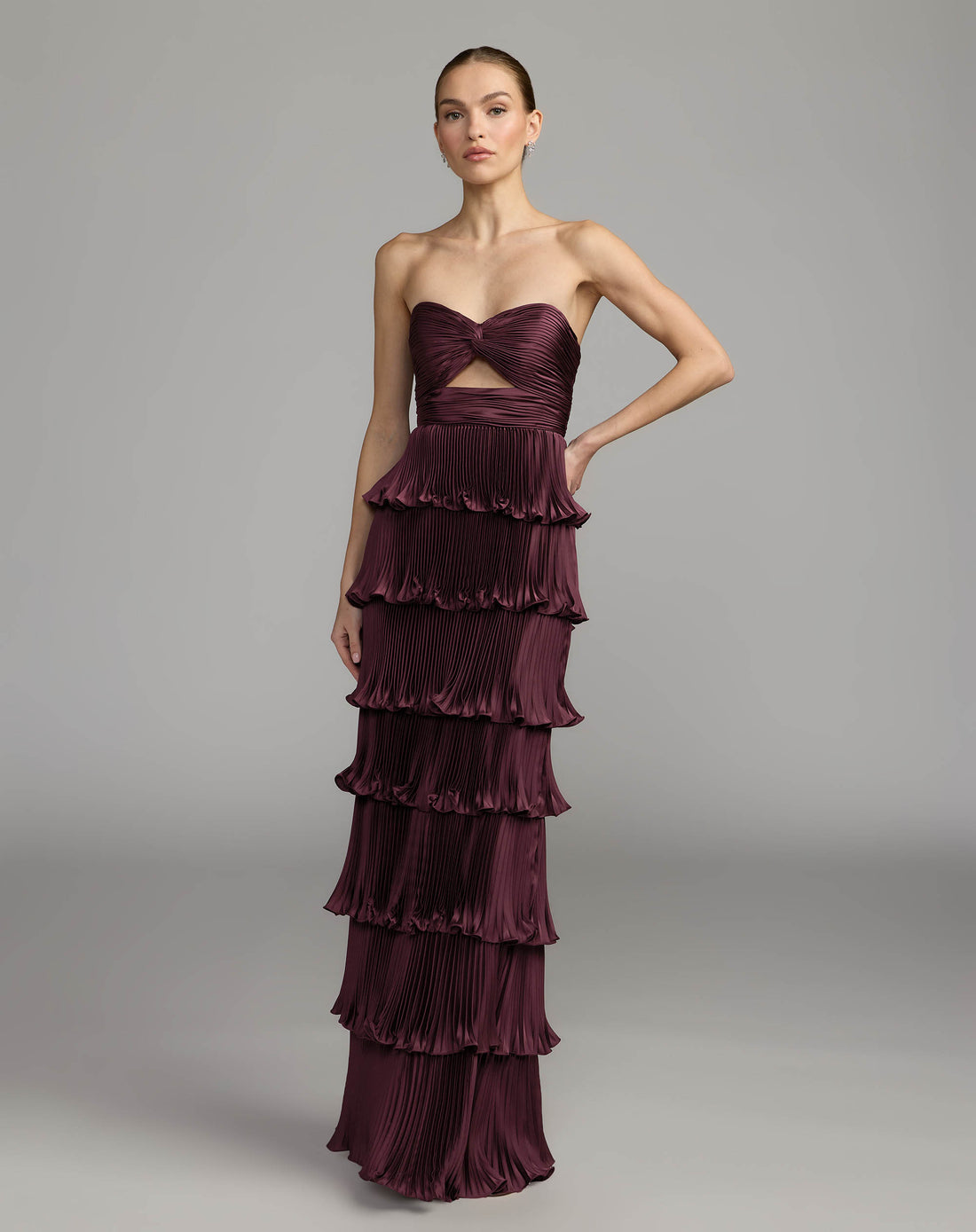 Aubergine Pleated Charmeuse Strapless Tiered Ruffle Gown Ieena for Mac Duggal
