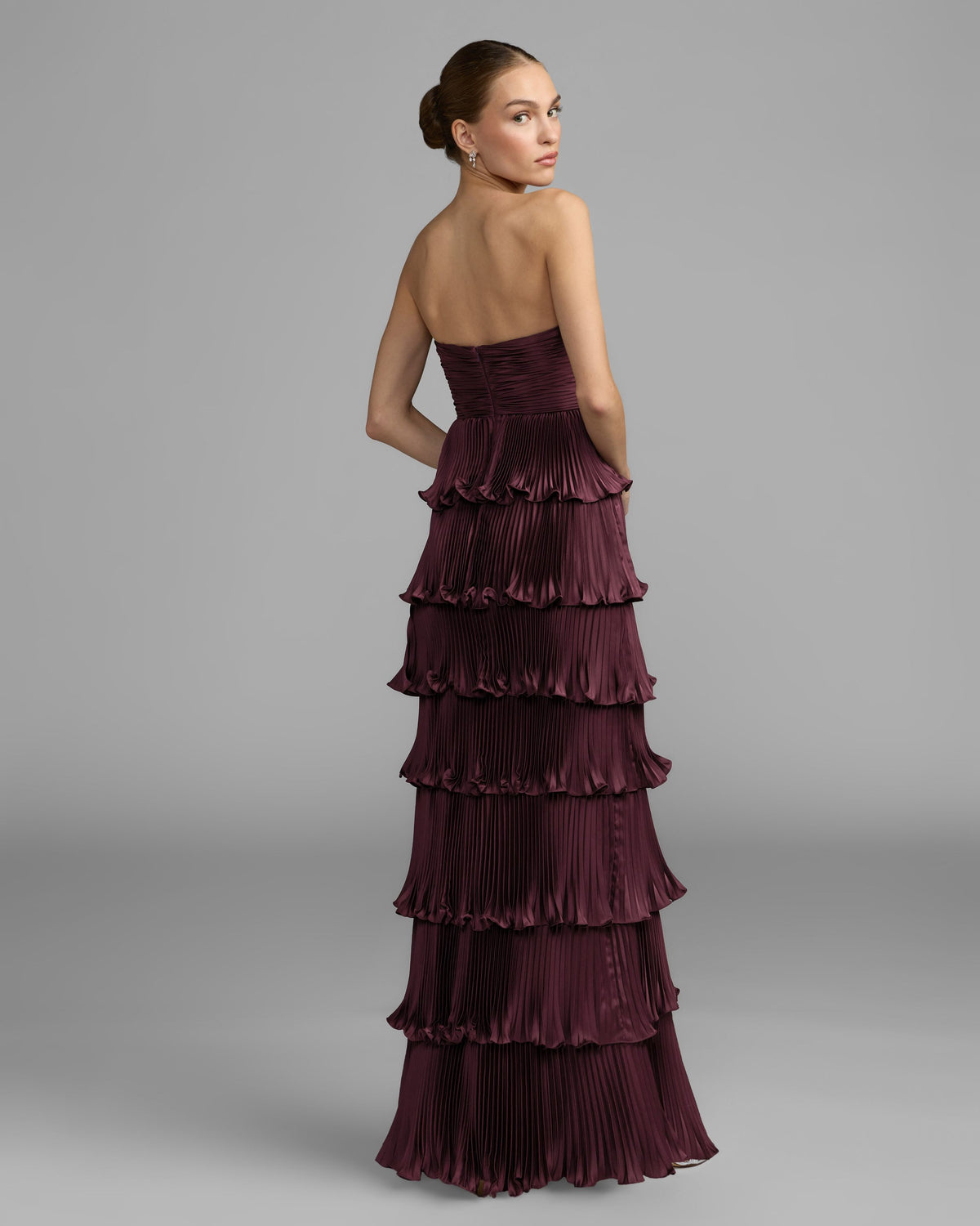 Aubergine Pleated Charmeuse Strapless Tiered Ruffle Gown Ieena for Mac Duggal