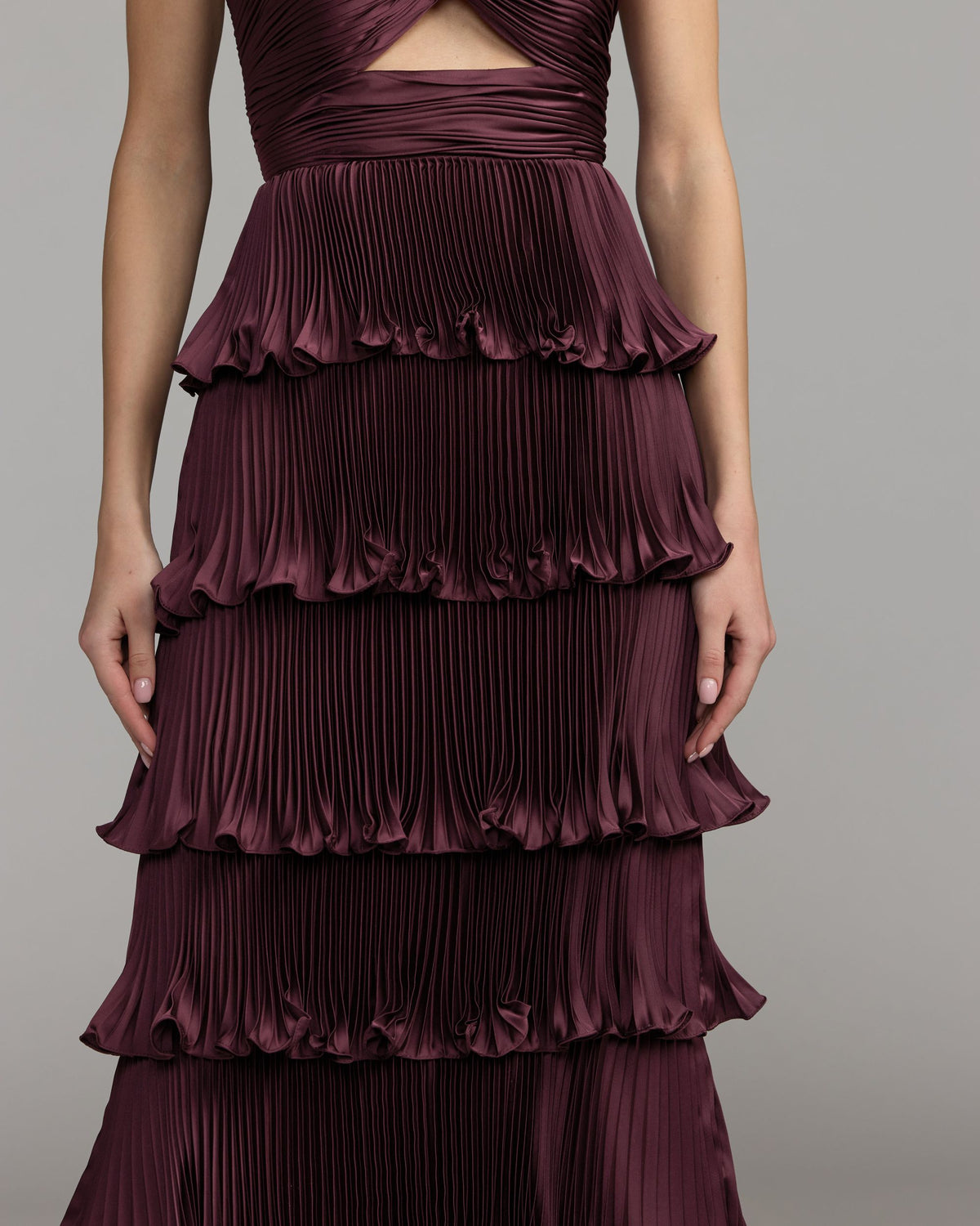 Aubergine Pleated Charmeuse Strapless Tiered Ruffle Gown Ieena for Mac Duggal