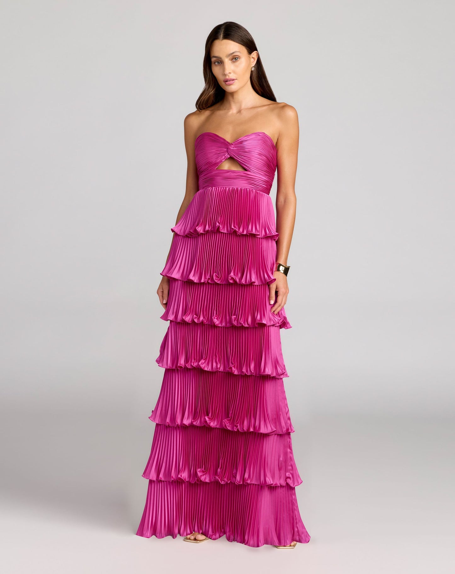 Pink Pleated Charmeuse Strapless Tiered Ruffle Gown - Ieena for Mac Duggal