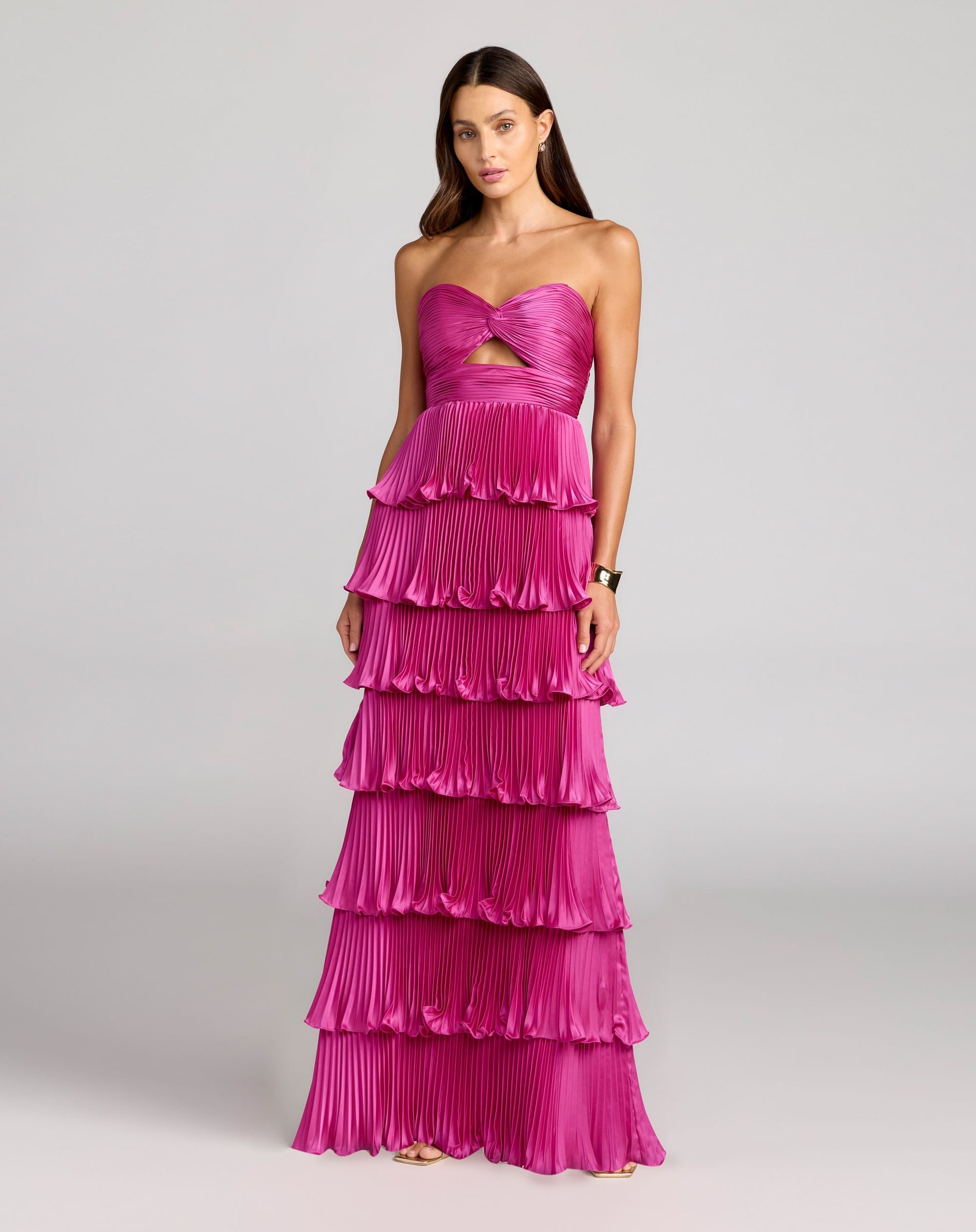 Pink Pleated Charmeuse Strapless Tiered Ruffle Gown - Ieena for Mac Duggal