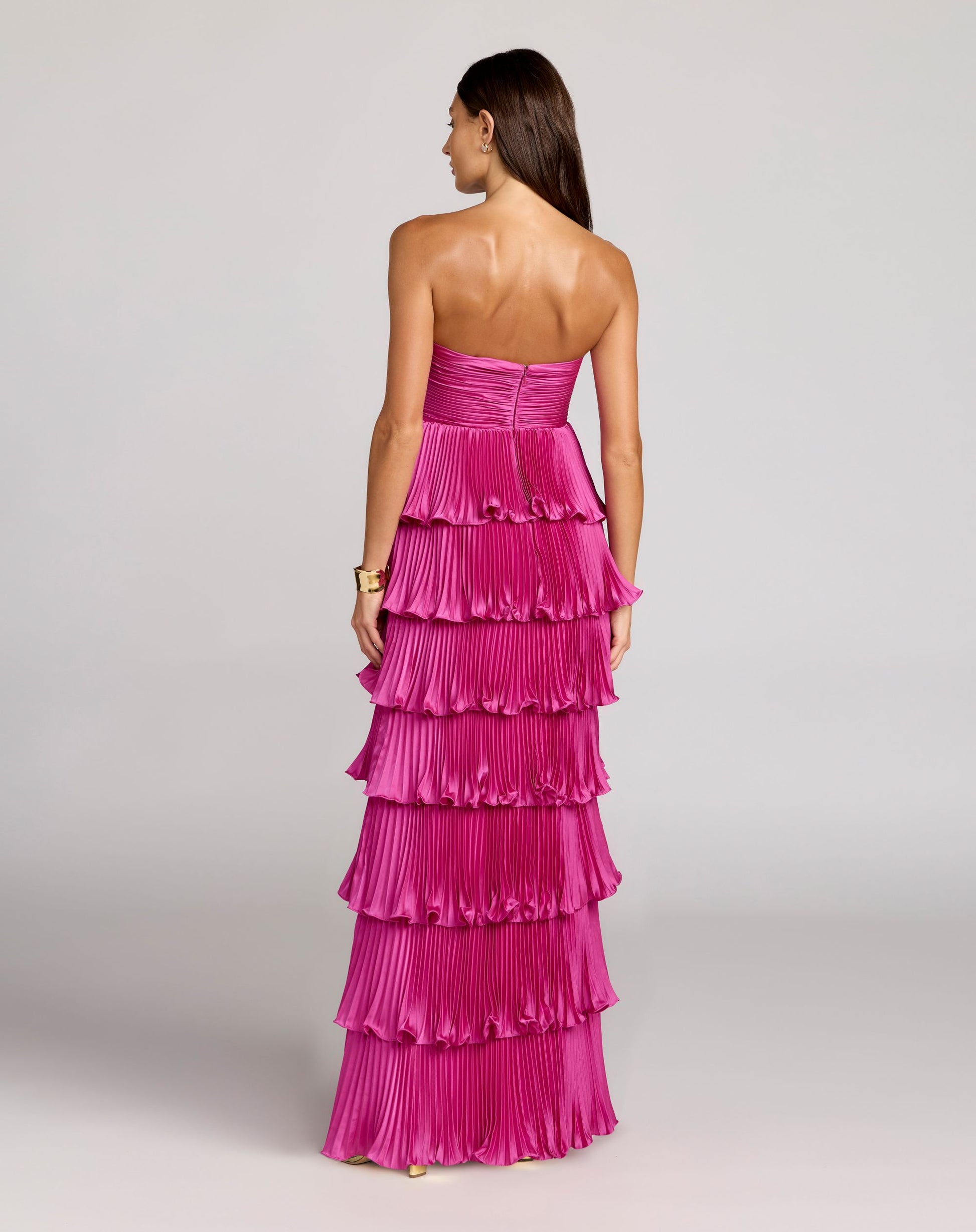 Pink Pleated Charmeuse Strapless Tiered Ruffle Gown - Ieena for Mac Duggal