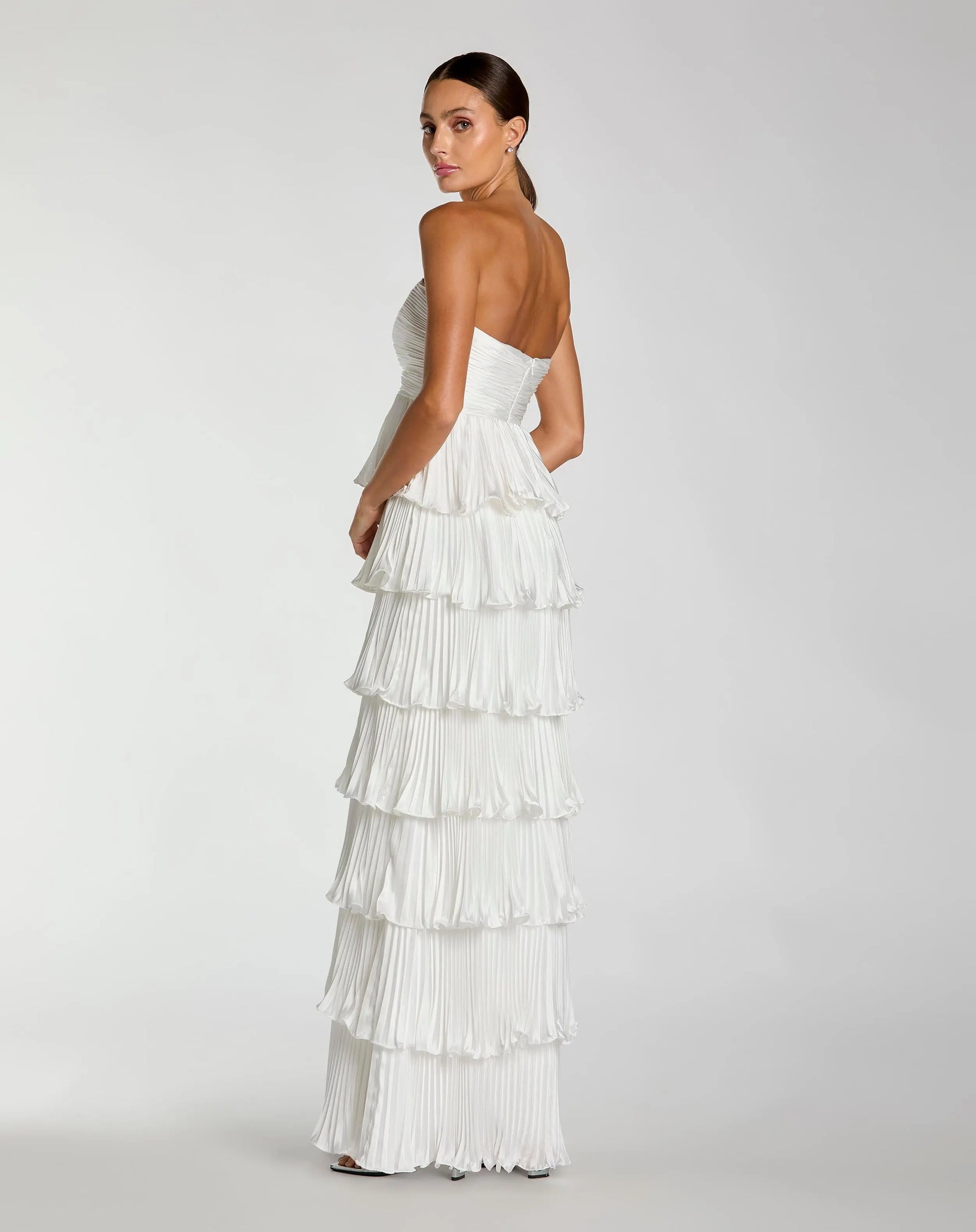 White Pleated Charmeuse Strapless Tiered Ruffle Gown | Mac Duggal White Pleated Charmeuse Strapless Tiered Ruffle Gown | Mac Duggal