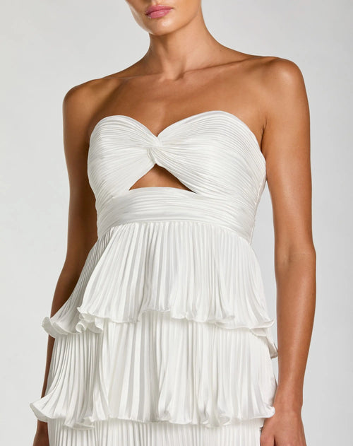 White Pleated Charmeuse Strapless Tiered Ruffle Gown - Ieena for Mac Duggal