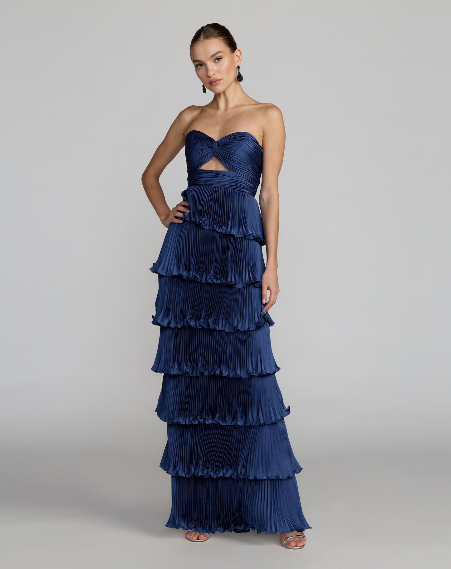 Navy Pleated Charmeuse Strapless Tiered Ruffle Gown Ieena for Mac Duggal