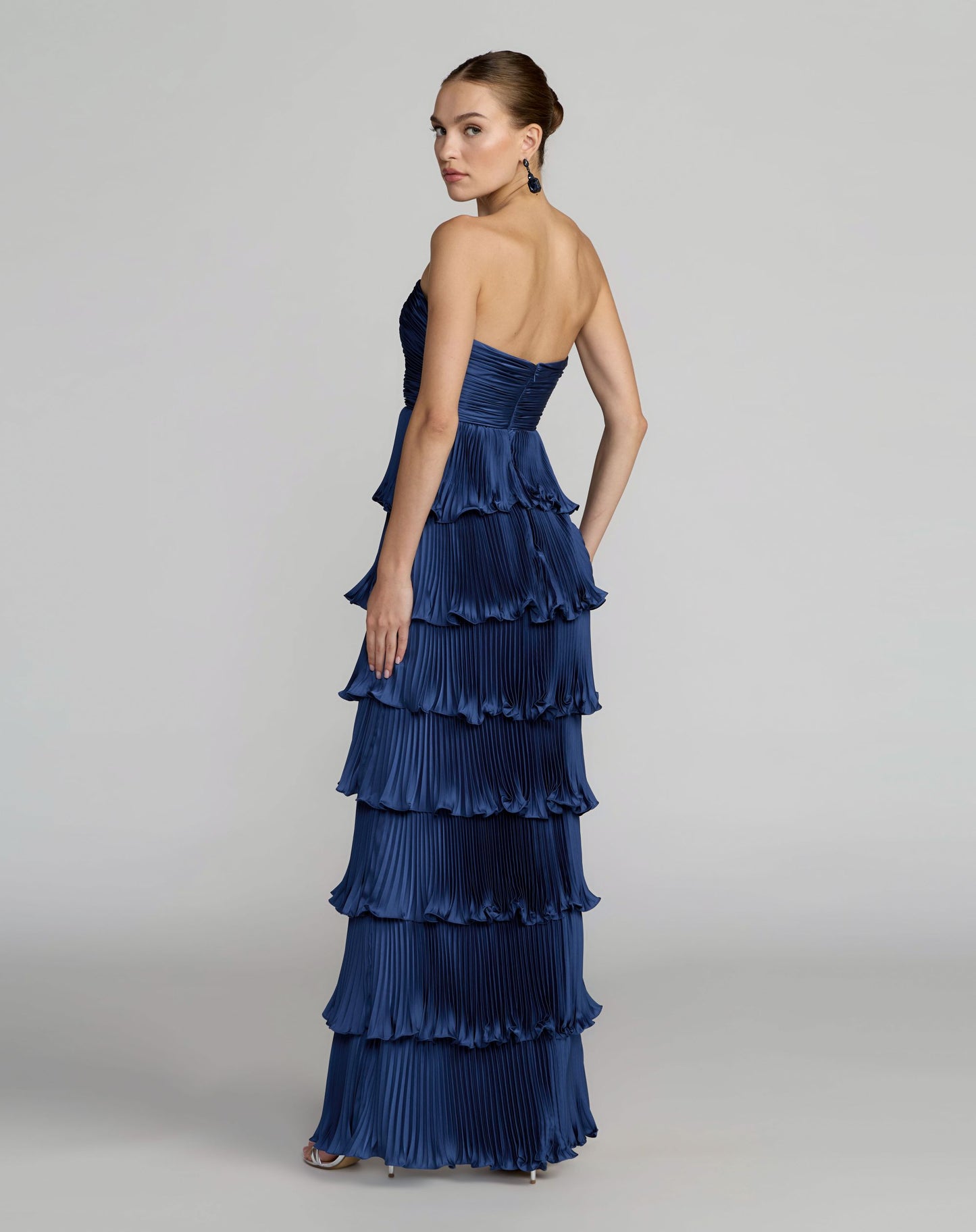 Navy Pleated Charmeuse Strapless Tiered Ruffle Gown Ieena for Mac Duggal