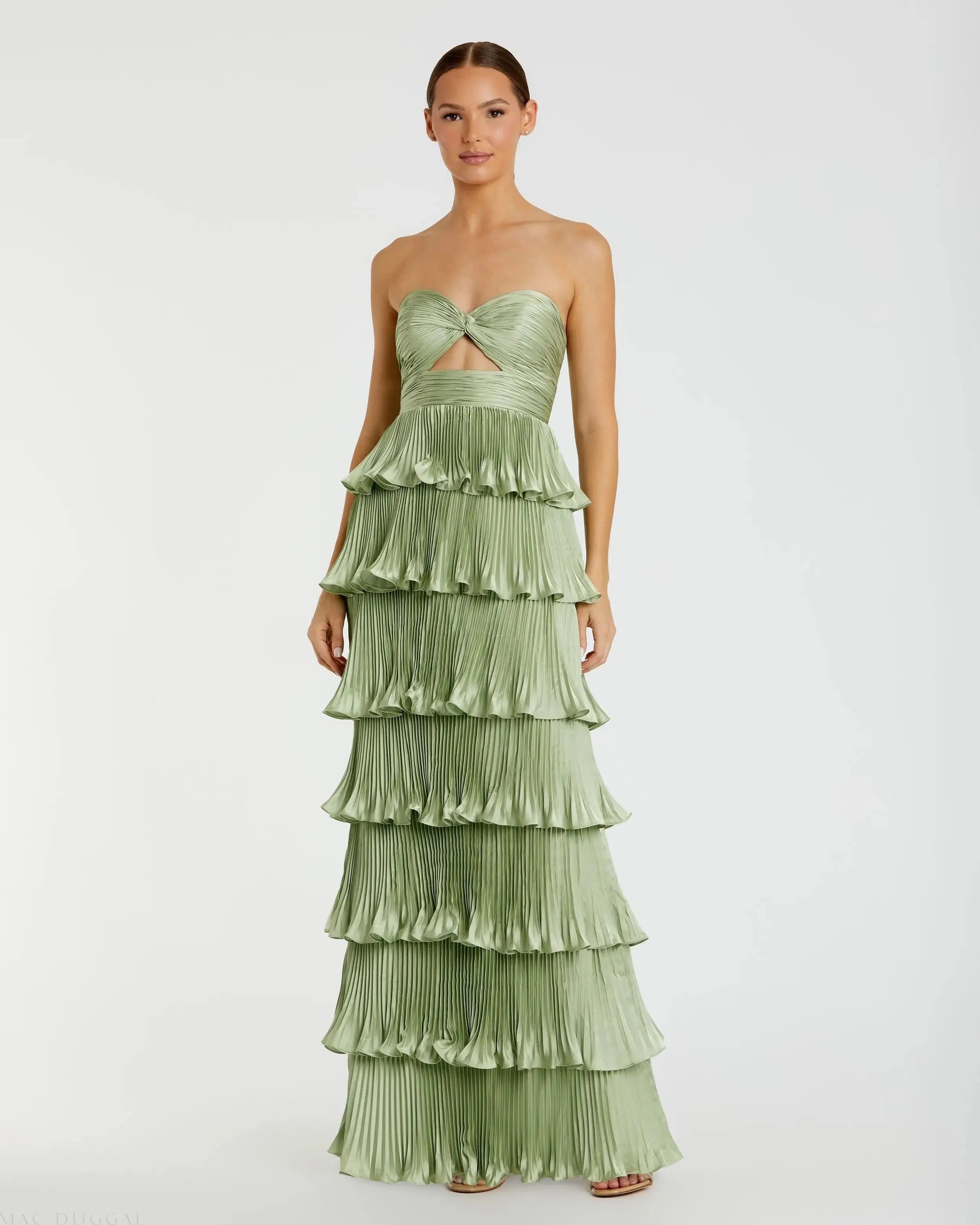 Green Pleated Charmeuse Strapless Tiered Ruffle Gown - Ieena for Mac Duggal
