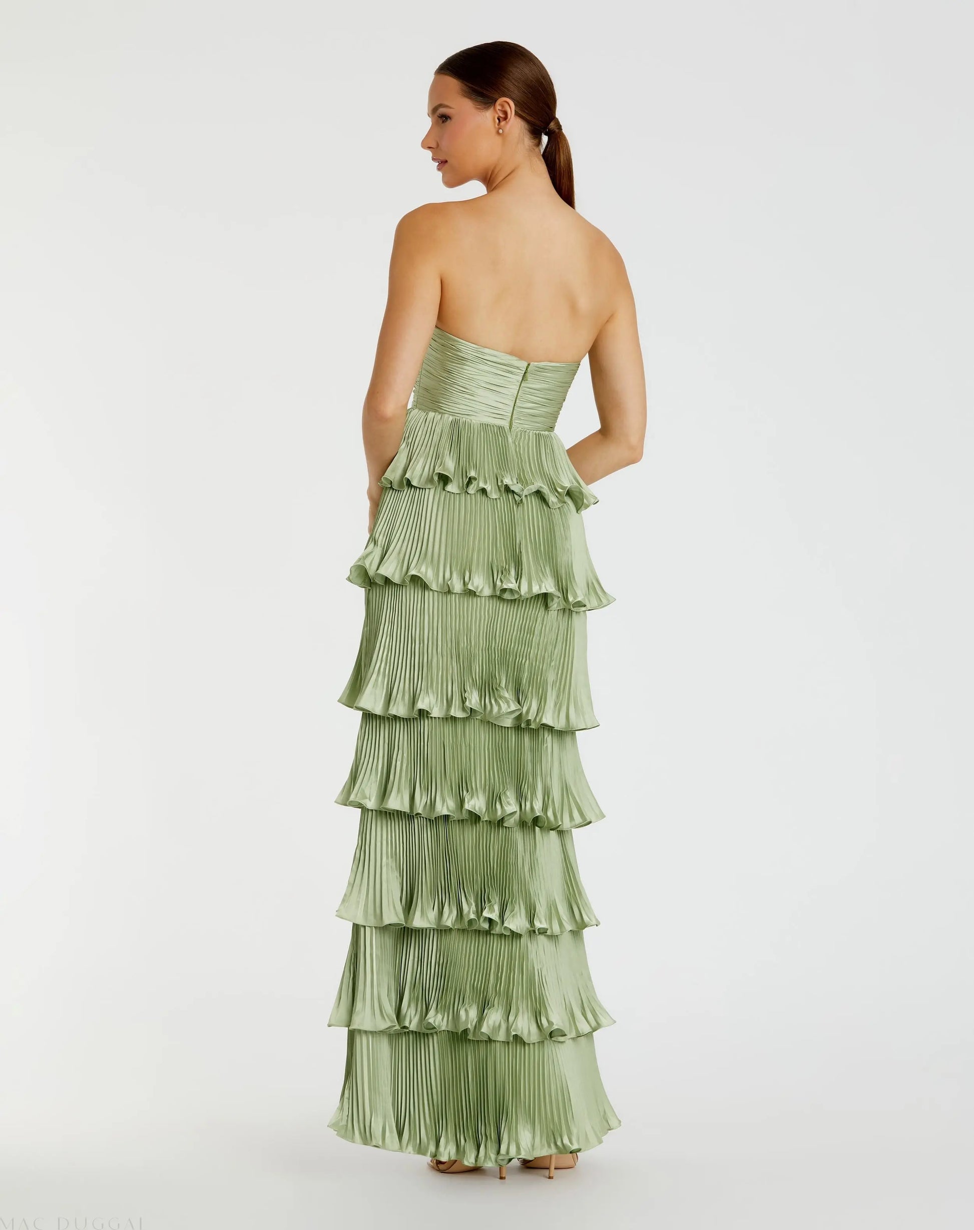 Green Pleated Charmeuse Strapless Tiered Ruffle Gown | Mac Duggal Green Pleated Charmeuse Strapless Tiered Ruffle Gown | Mac Duggal