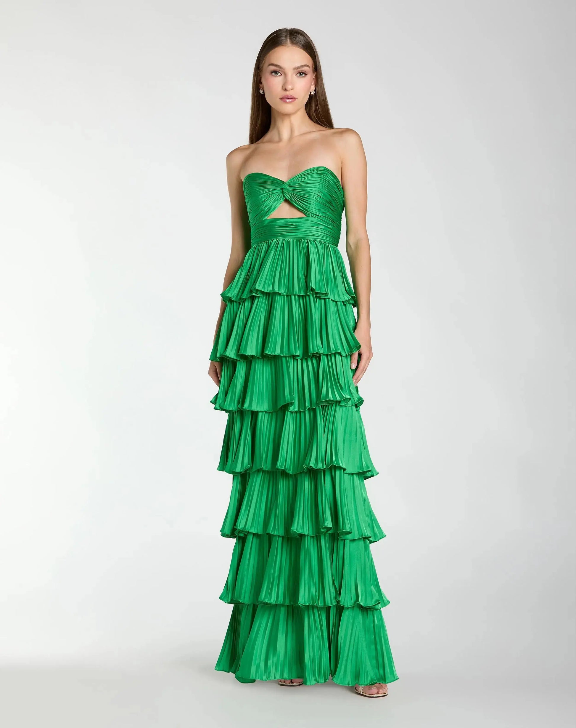 Dark Green Pleated Charmeuse Strapless Tiered Ruffle Gown | Mac Duggal Dark Green Pleated Charmeuse Strapless Tiered Ruffle Gown | Mac Duggal