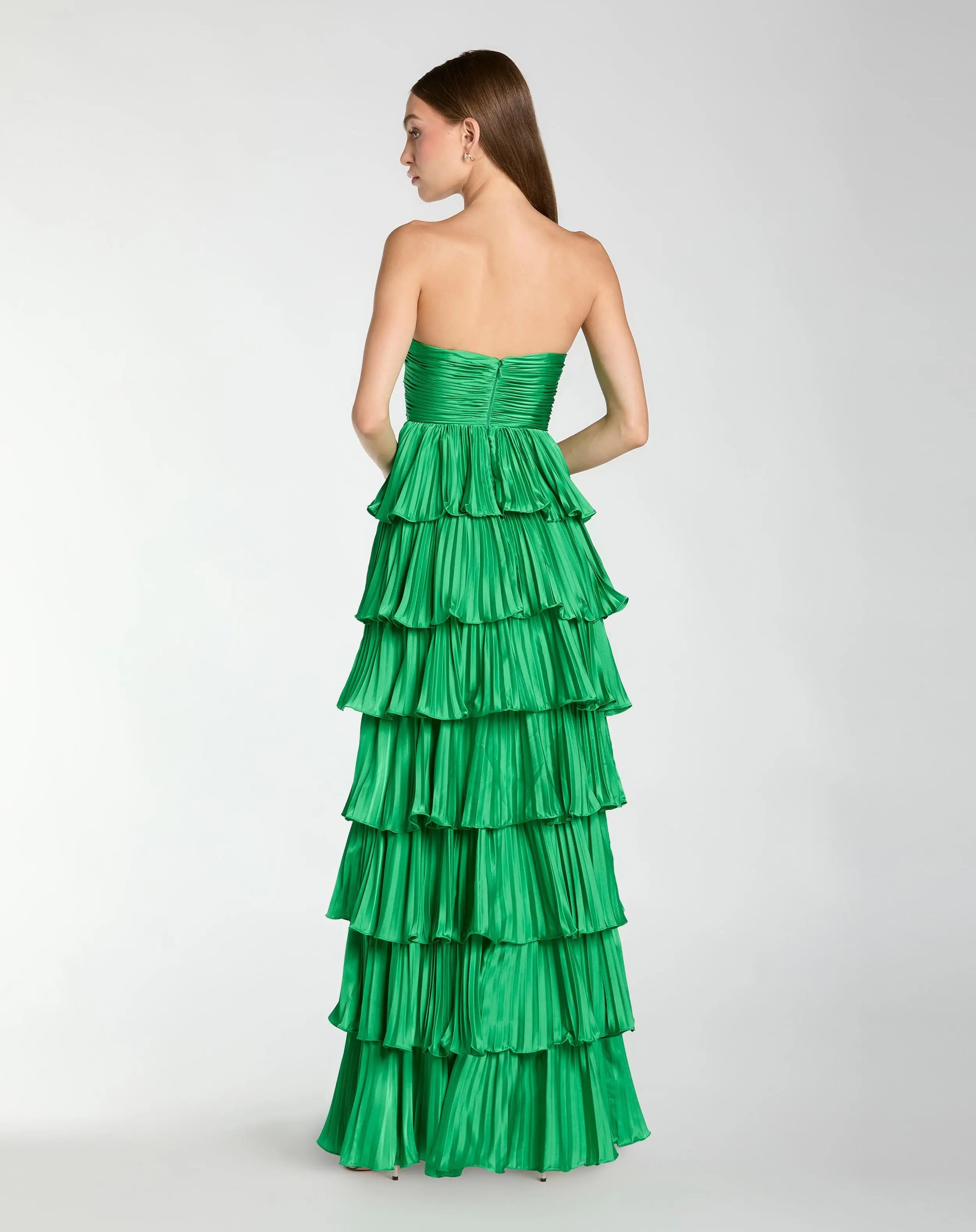 Dark Green Pleated Charmeuse Strapless Tiered Ruffle Gown | Mac Duggal