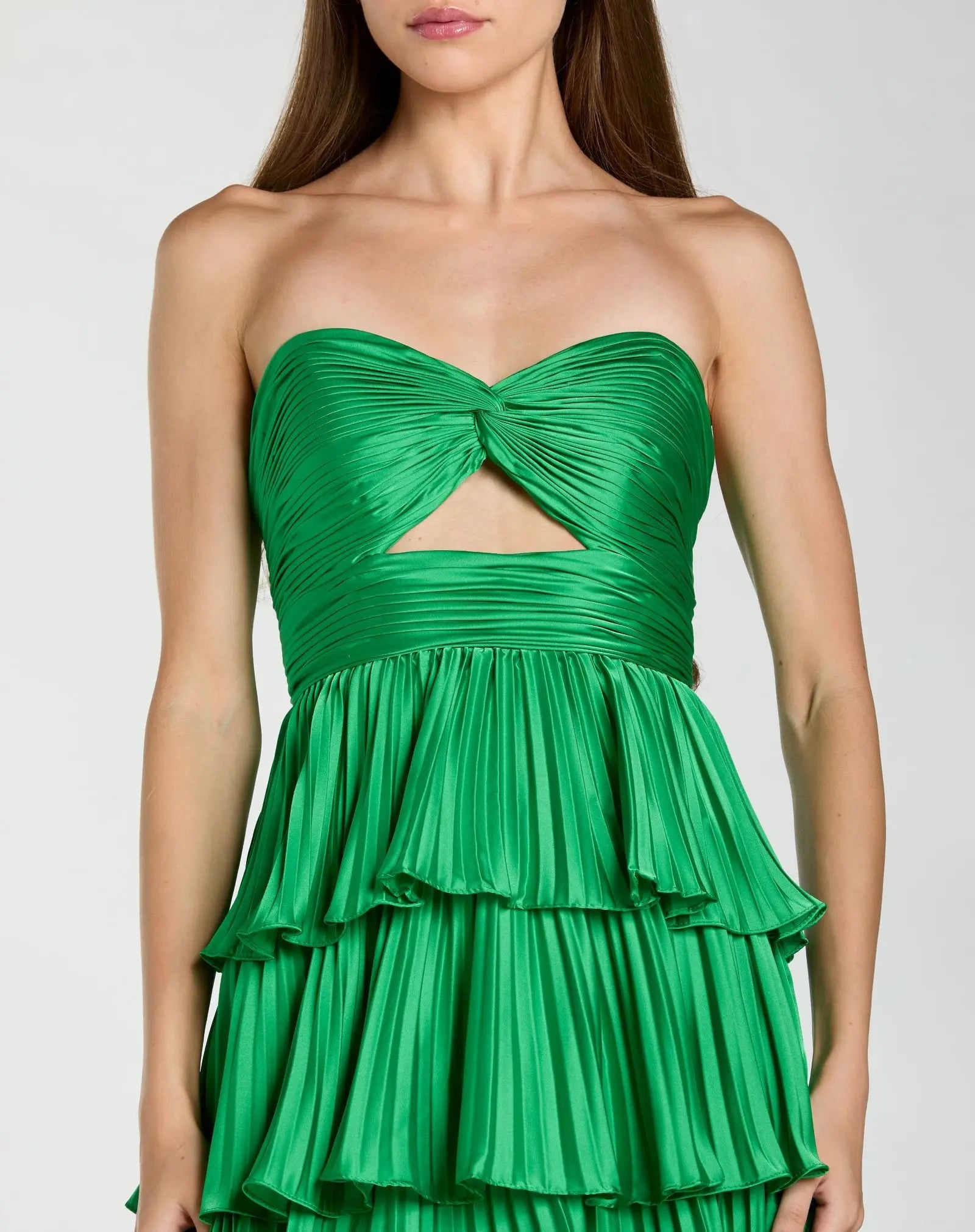 Green Pleated Charmeuse Strapless Tiered Ruffle Gown - Ieena for Mac Duggal