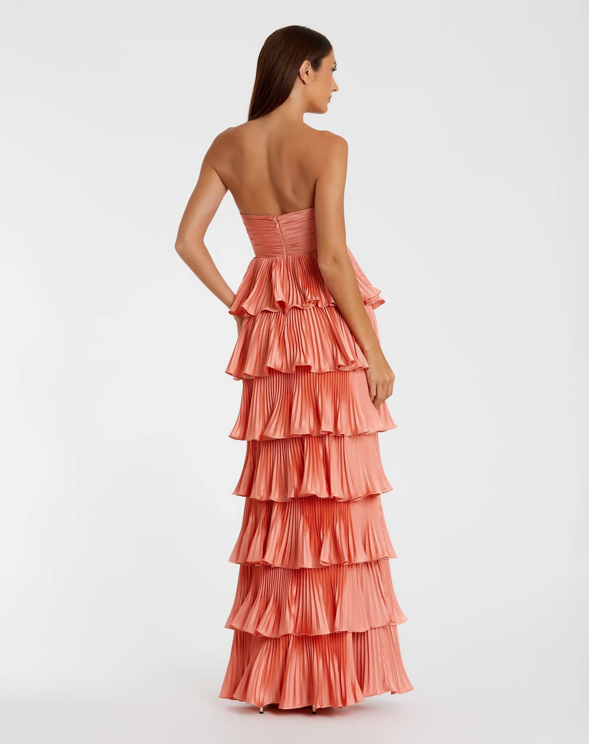 mac duggal charmeuse ruffle-strap maxi dress Mac Duggal Women's Pleated Charmeuse Strapless Tiered Ruffle Gown - Green - Size 12